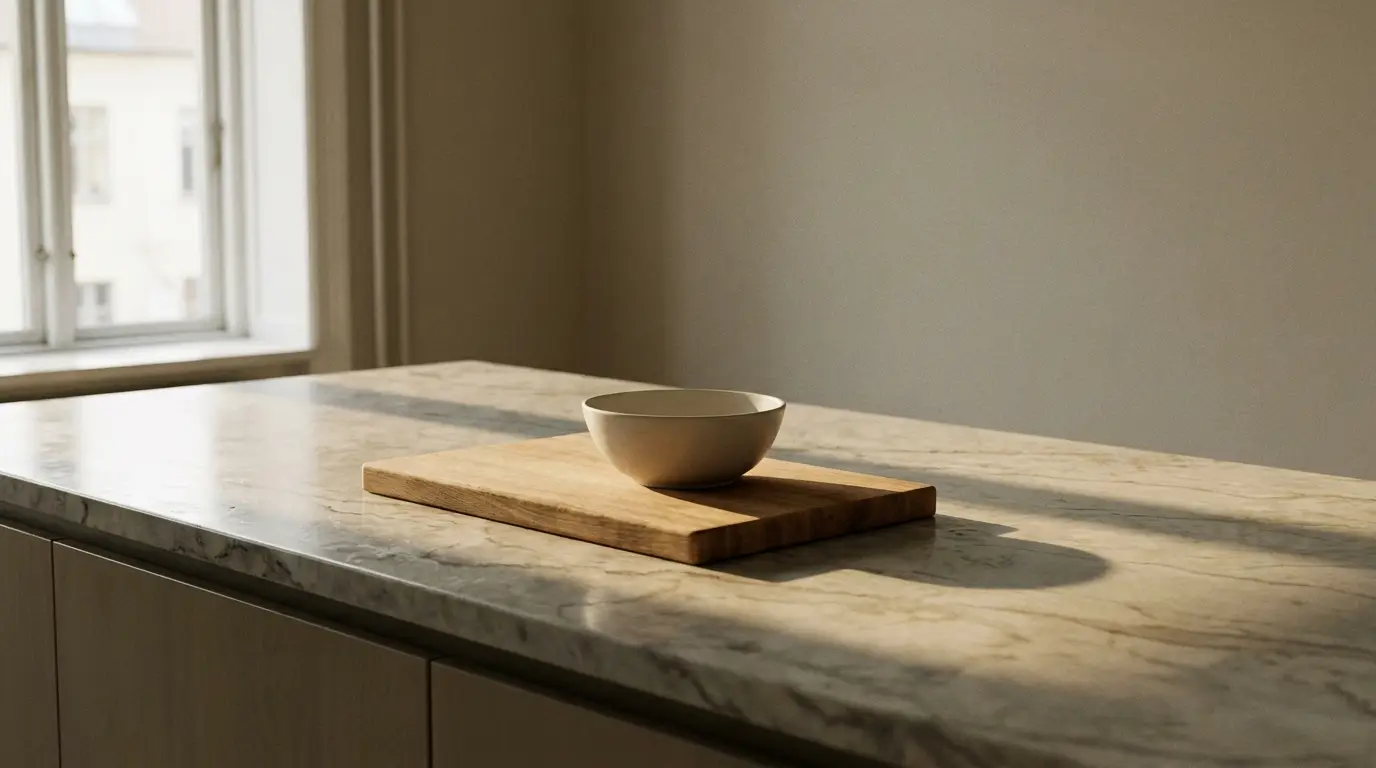 Ceramic bowl on wooden cutting board atop marble countertop in sunlit kitchen