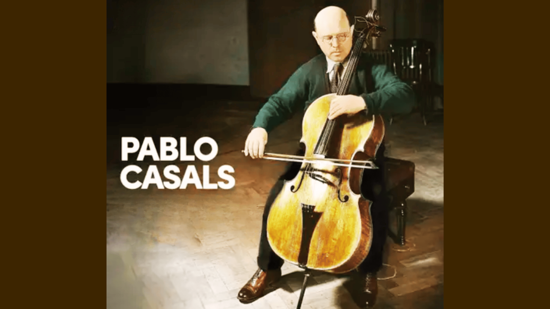 Pablo Casals performing cello during a classical music recital with vintage concert hall atmosphere.