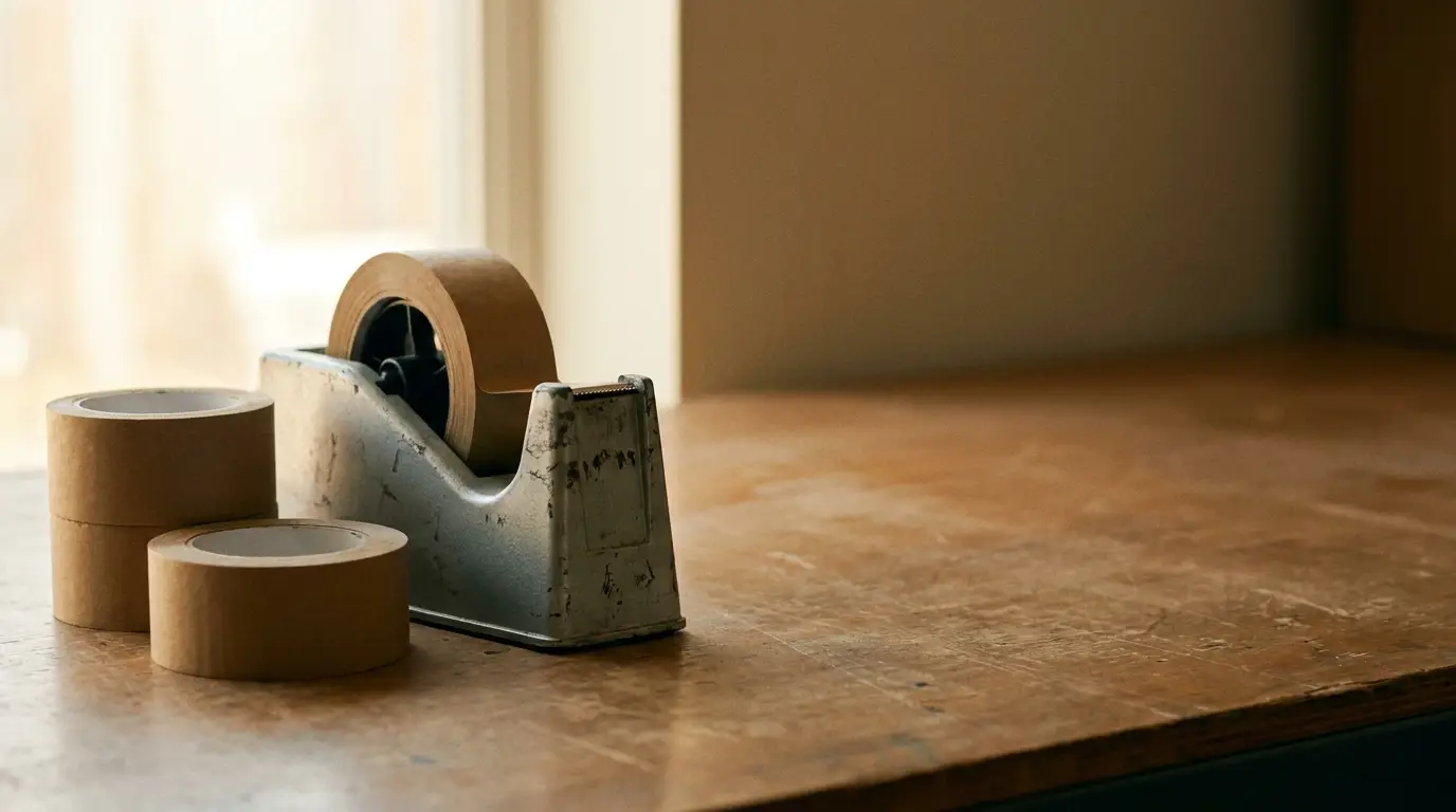 Tape dispenser and rolls of brown tape on wooden desk in soft natural light