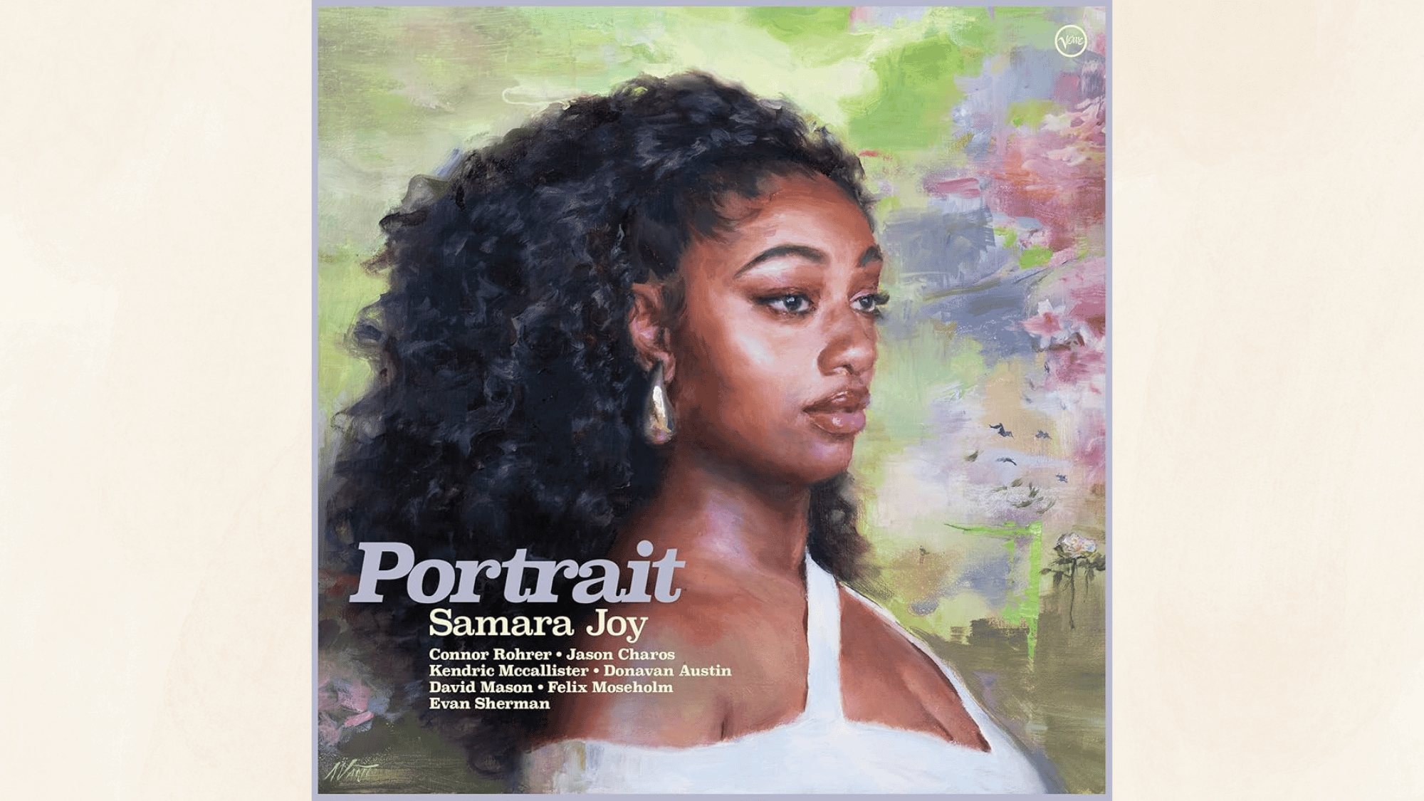 painted portrait album cover featuring elegant woman with curly hair against soft colorful abstract background