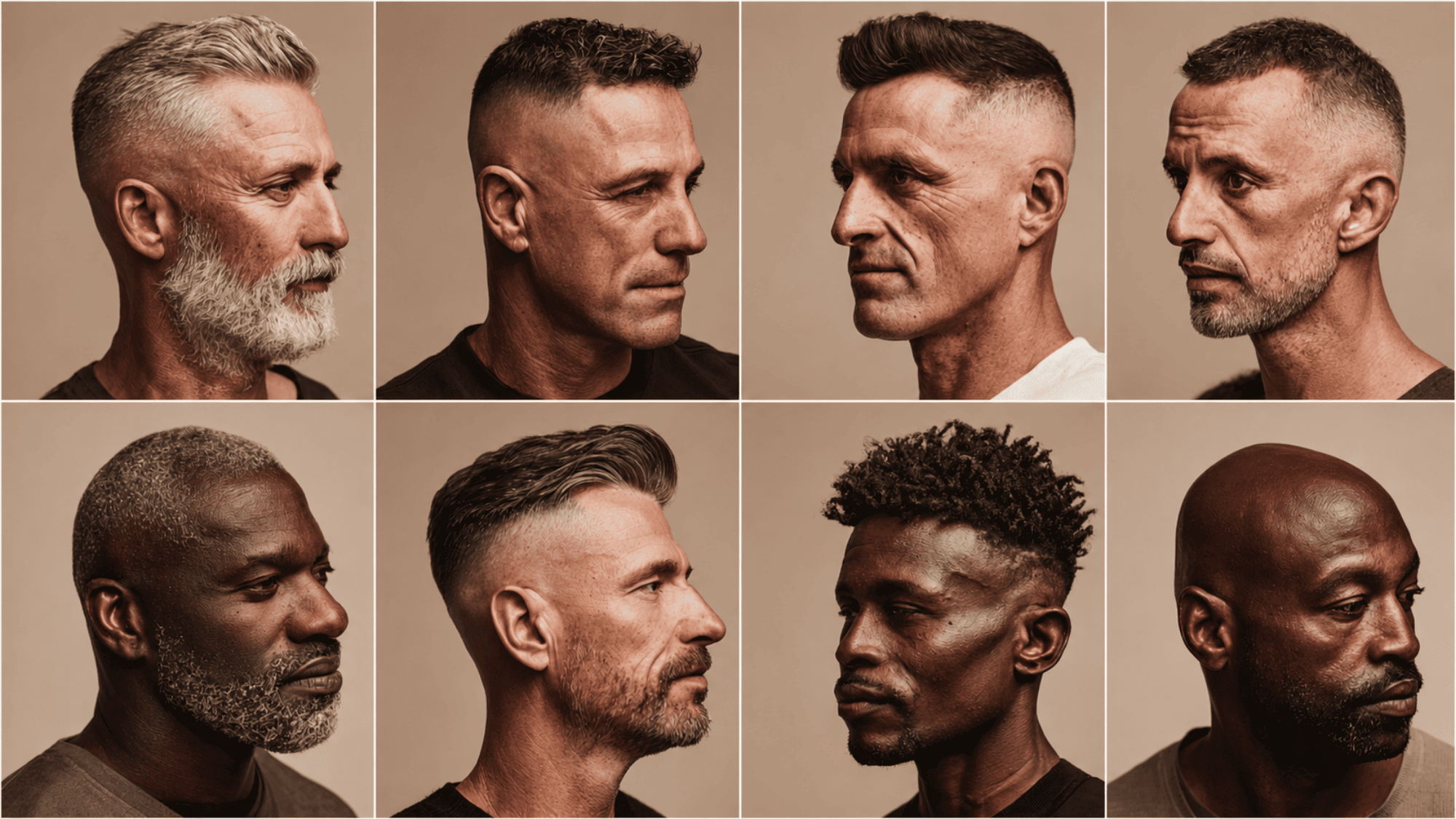 Eight men displaying polished fade haircuts for thinning hair in warm studio