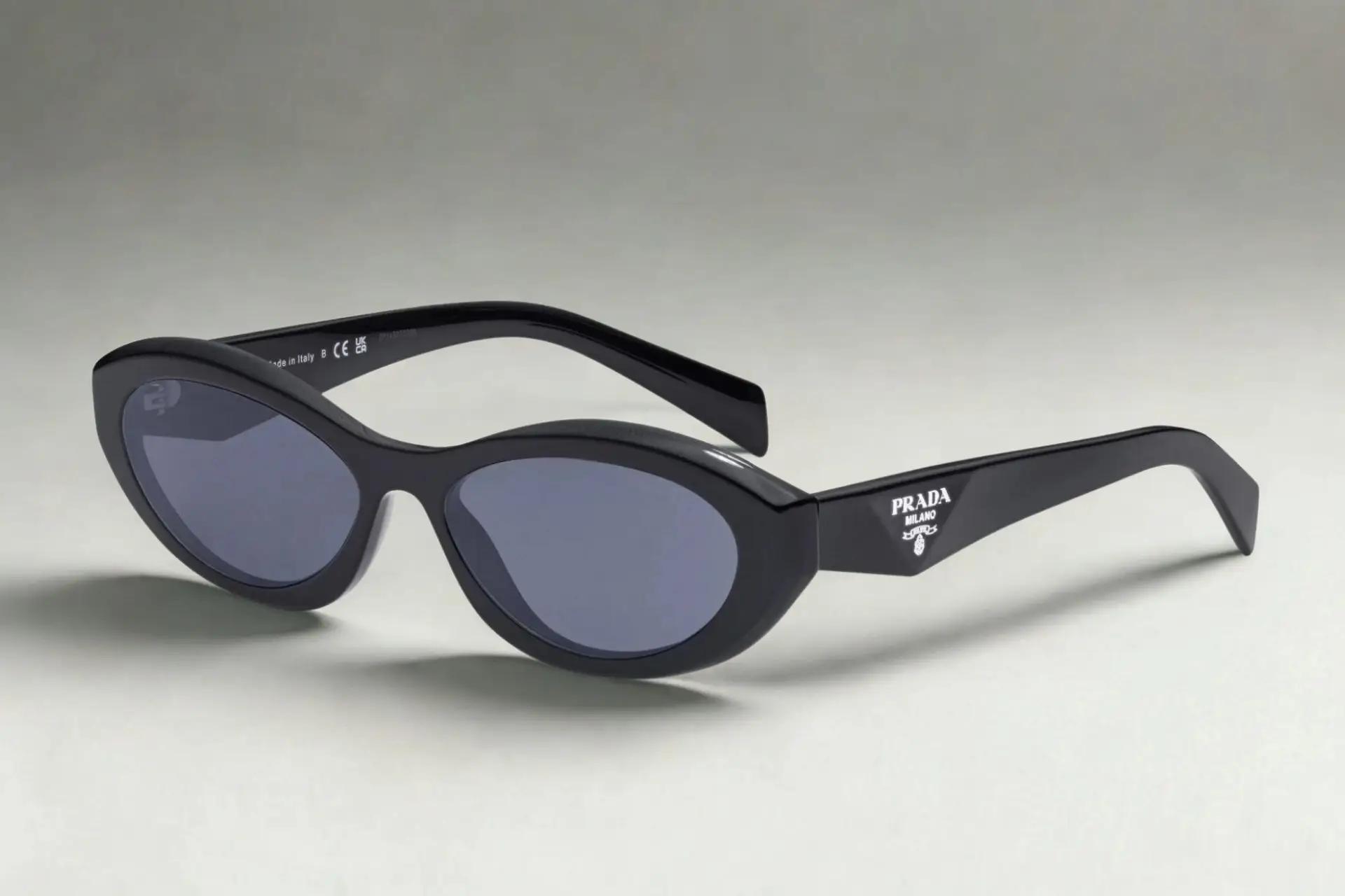 Black oval sunglasses with thick frames on a neutral background