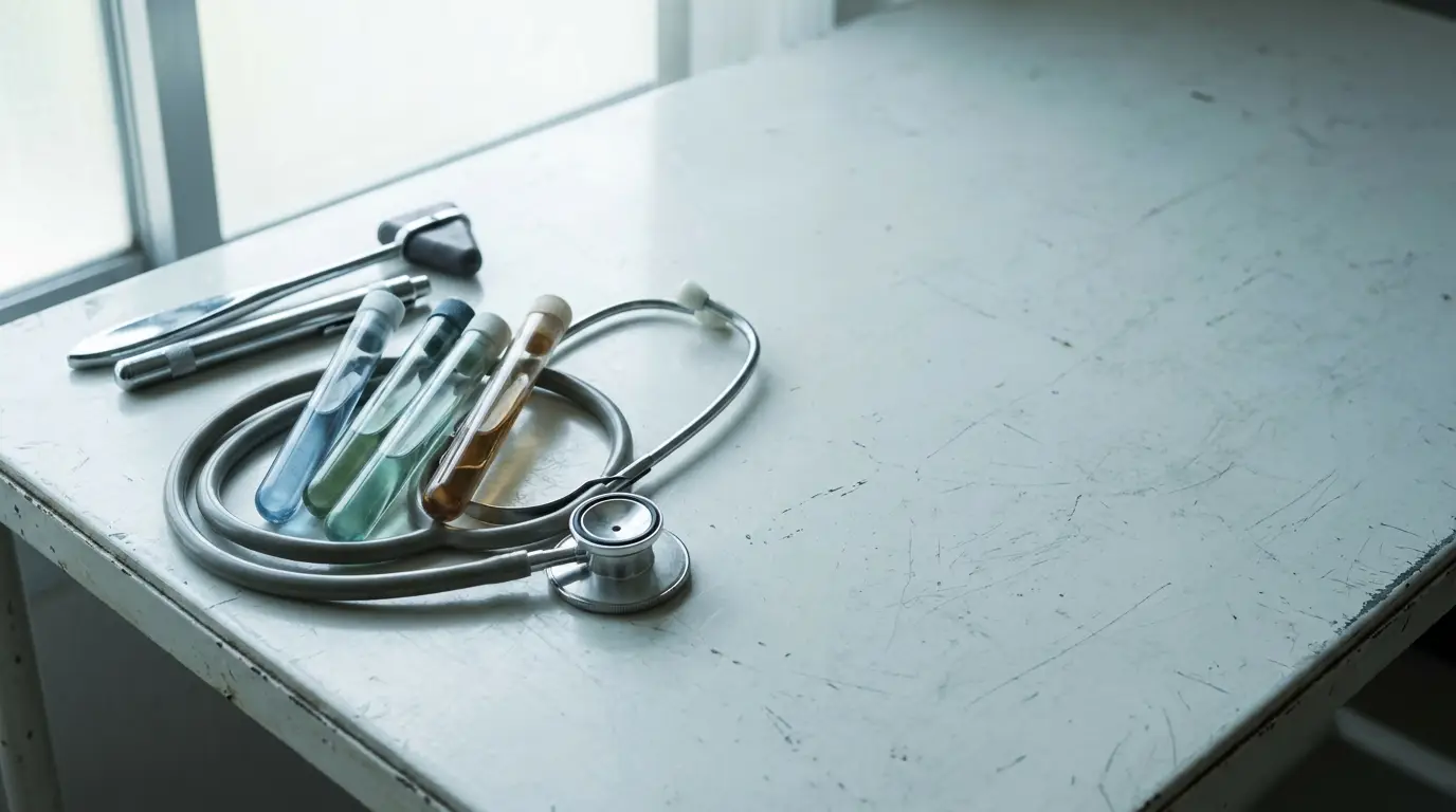 Stethoscope and test tubes on a scratched metal table in a clinical setting