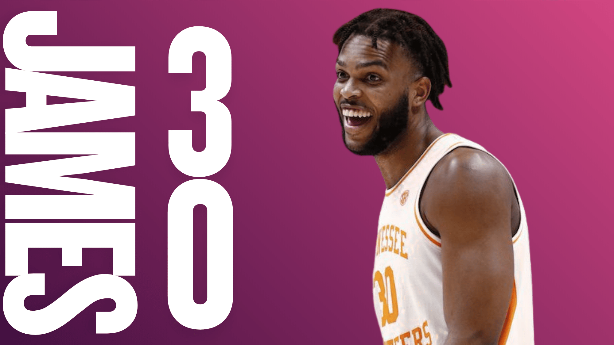 Josiah James smiles in Tennessee Volunteers white jersey number 30 on pink