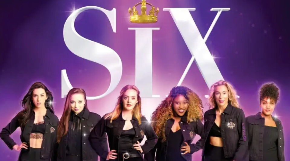 promotional poster for six the musical featuring six women in black outfits