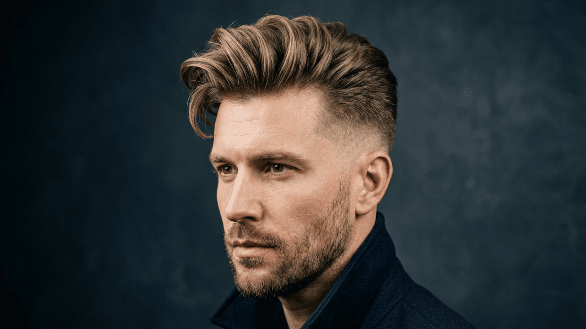 Man with oblong face styled with voluminous quiff and tapered fade on dark background
