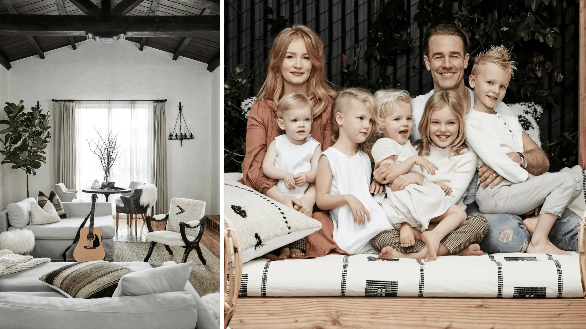james van der beek and kimberly brook with their six children in a family portrait alongside their warm neutral-toned home interior