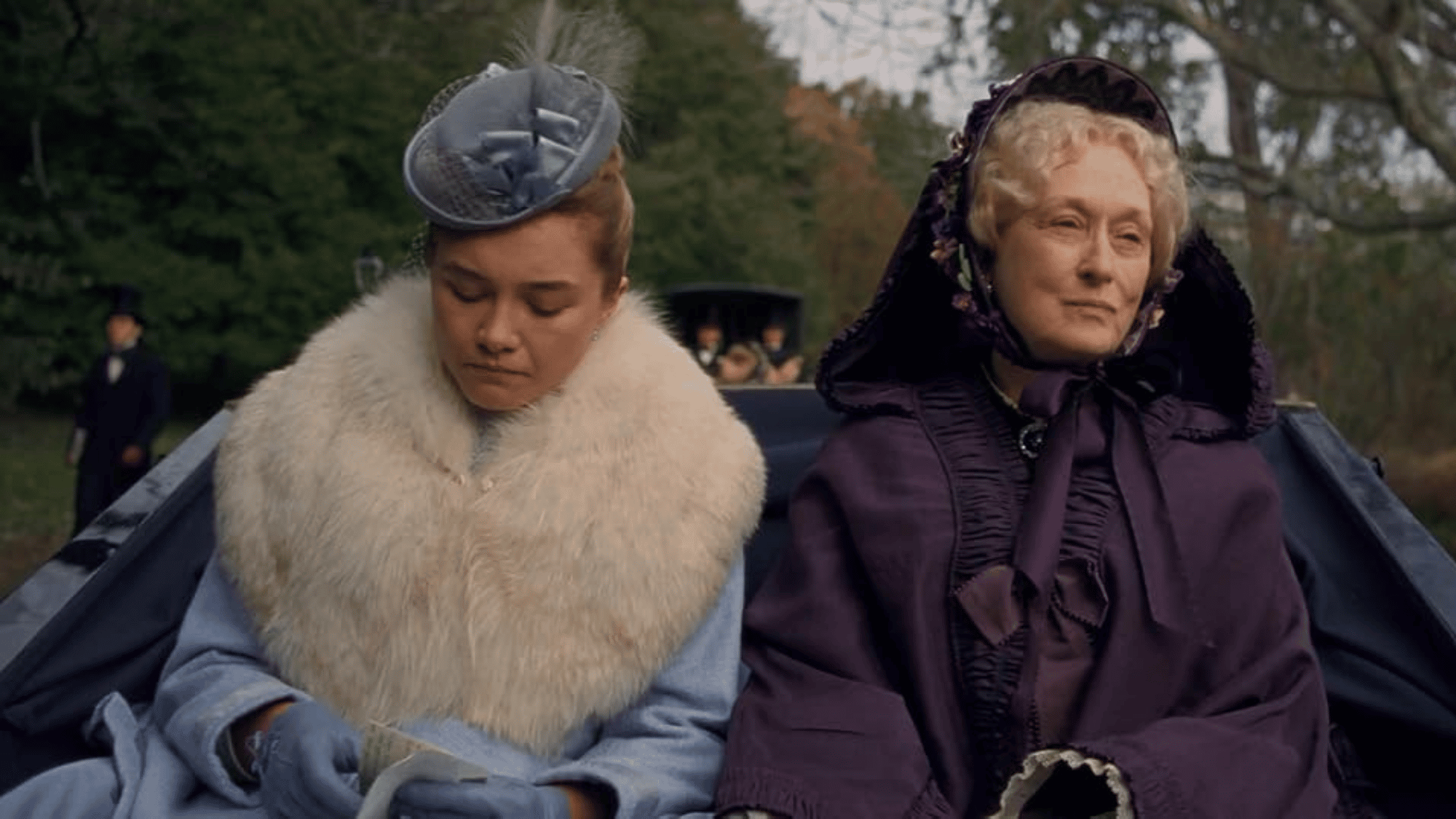 Florence Pugh as Amy March and Meryl Streep as Aunt March in a carriage