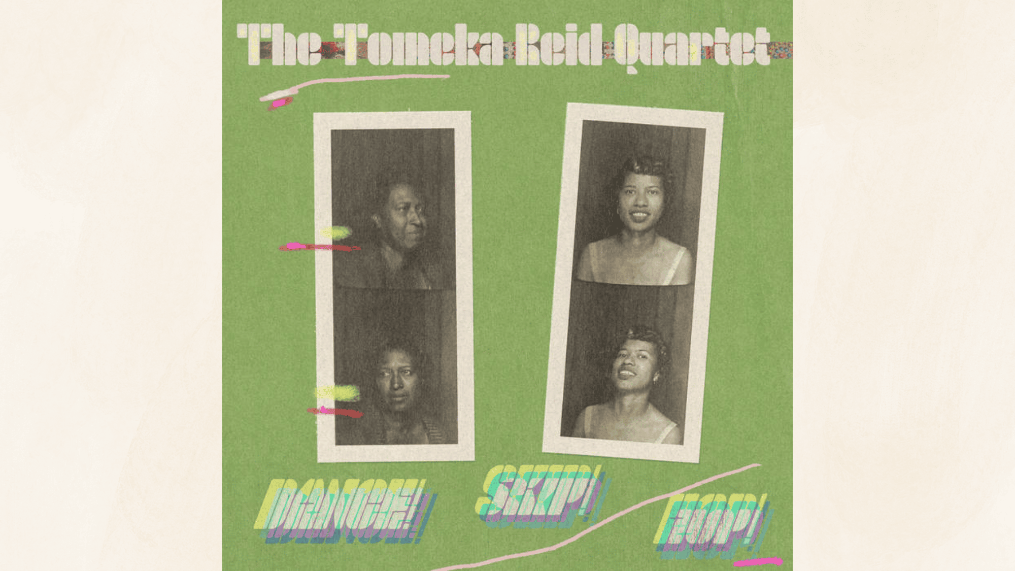 retro styled jazz album cover featuring vintage photo booth portraits on textured green background with bold text