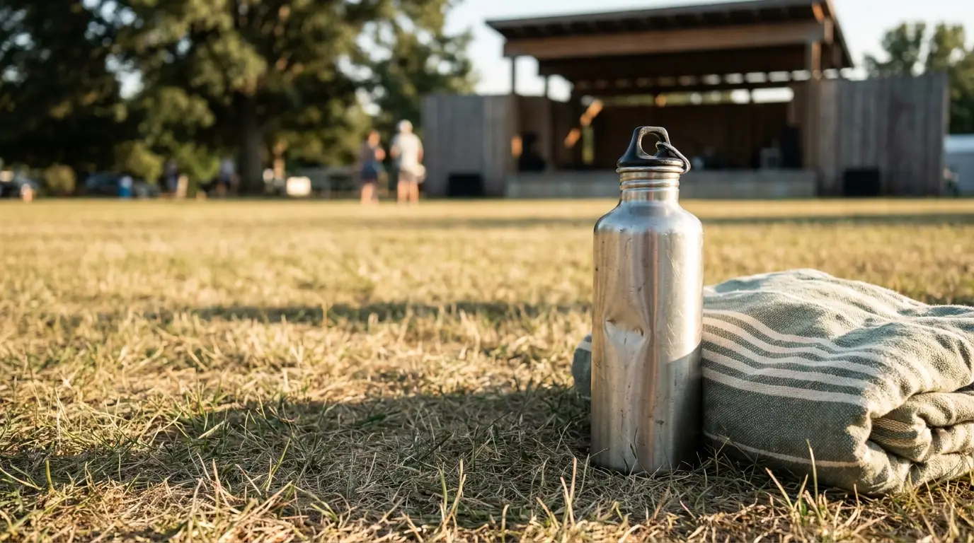 Stainless steel water bottle on grassy field beside folded blanket with stage in background