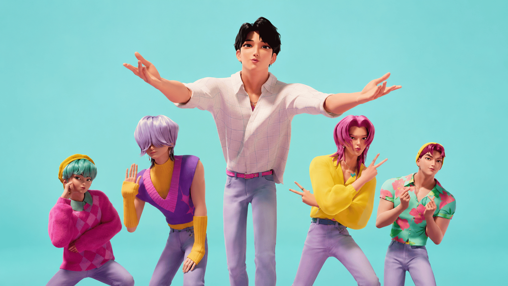 Saja Boys performing colorful idol poses for popular songs in KPop Demon Hunters