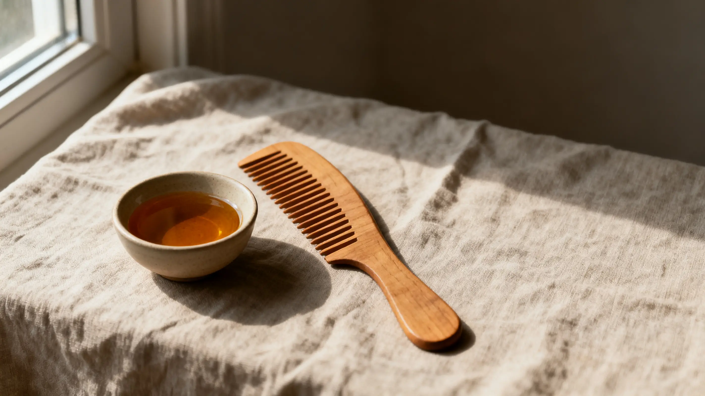 Wooden comb and small bowl of oil on linen cloth in natural light