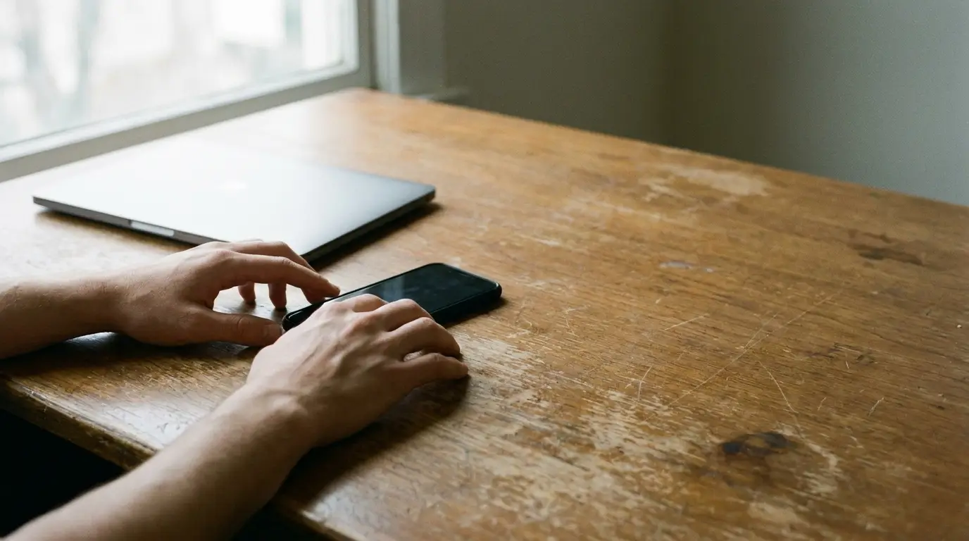 Hands using smartphone on wooden desk with closed laptop nearby