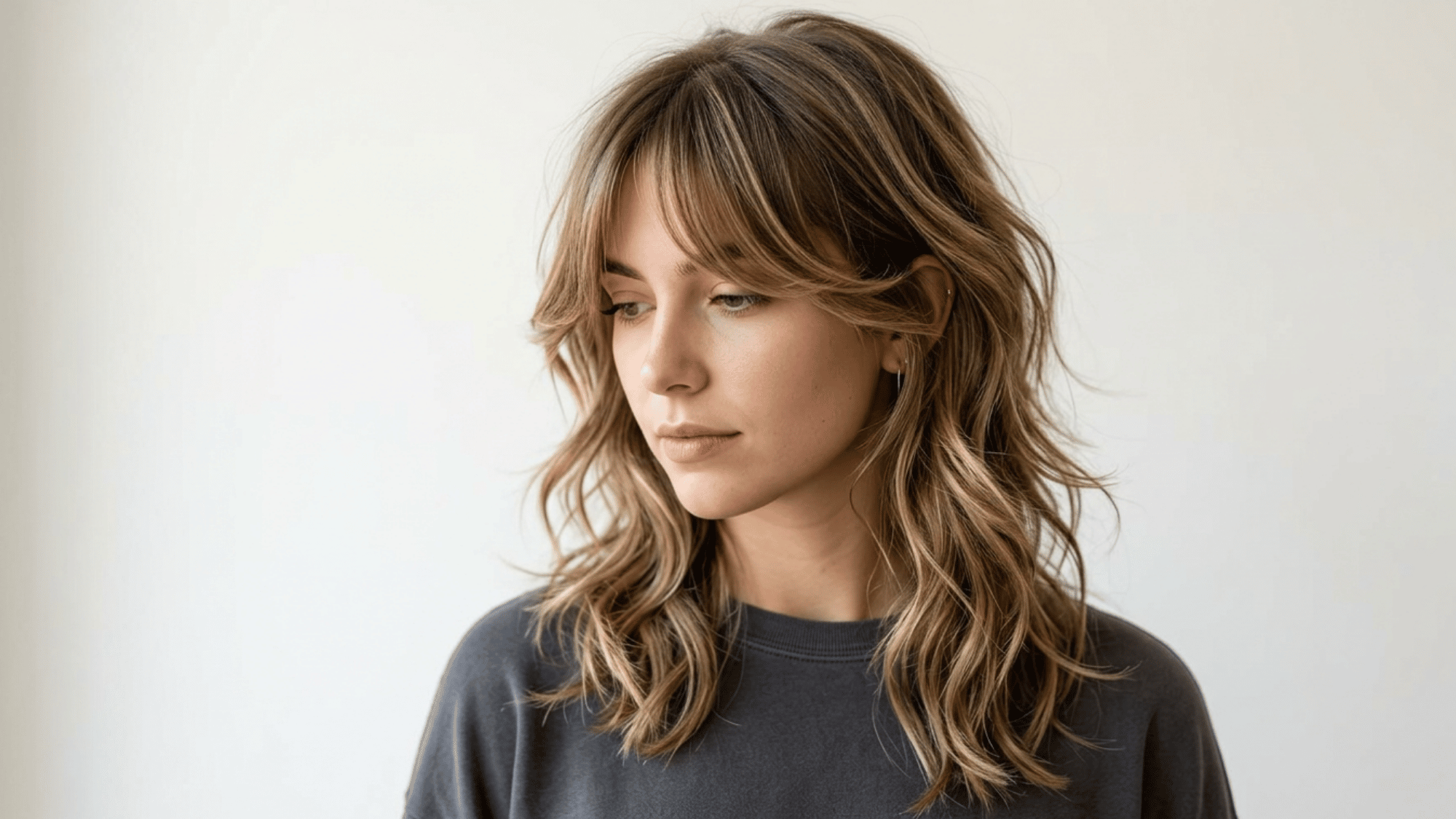 Woman with oblong face styled with shag haircut and curtain bangs on white background
