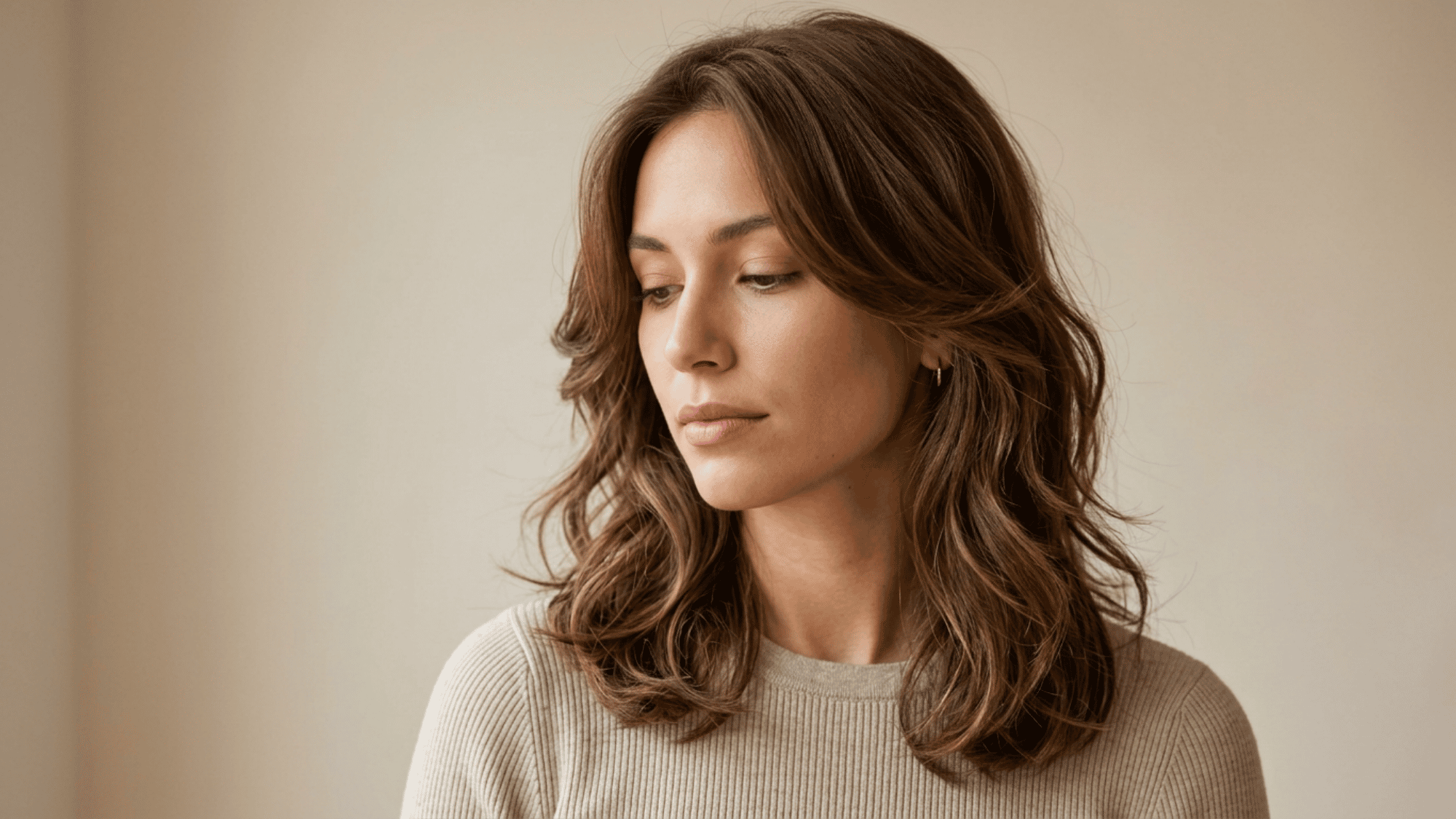 Woman with oblong face showing shoulder length layers with soft waves on beige background