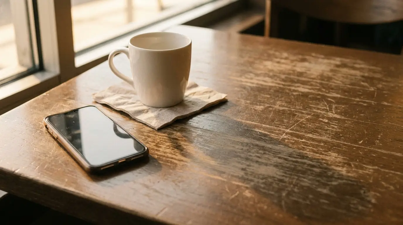 Coffee cup on a napkin beside smartphone on a wooden table in natural light