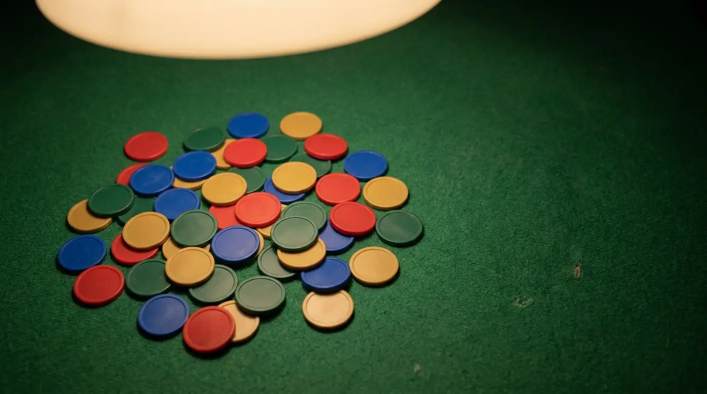 Multicolored poker chips scattered on green felt table under warm light