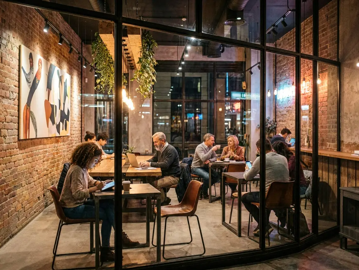 People working and socializing in a modern café with exposed brick walls and hanging plants