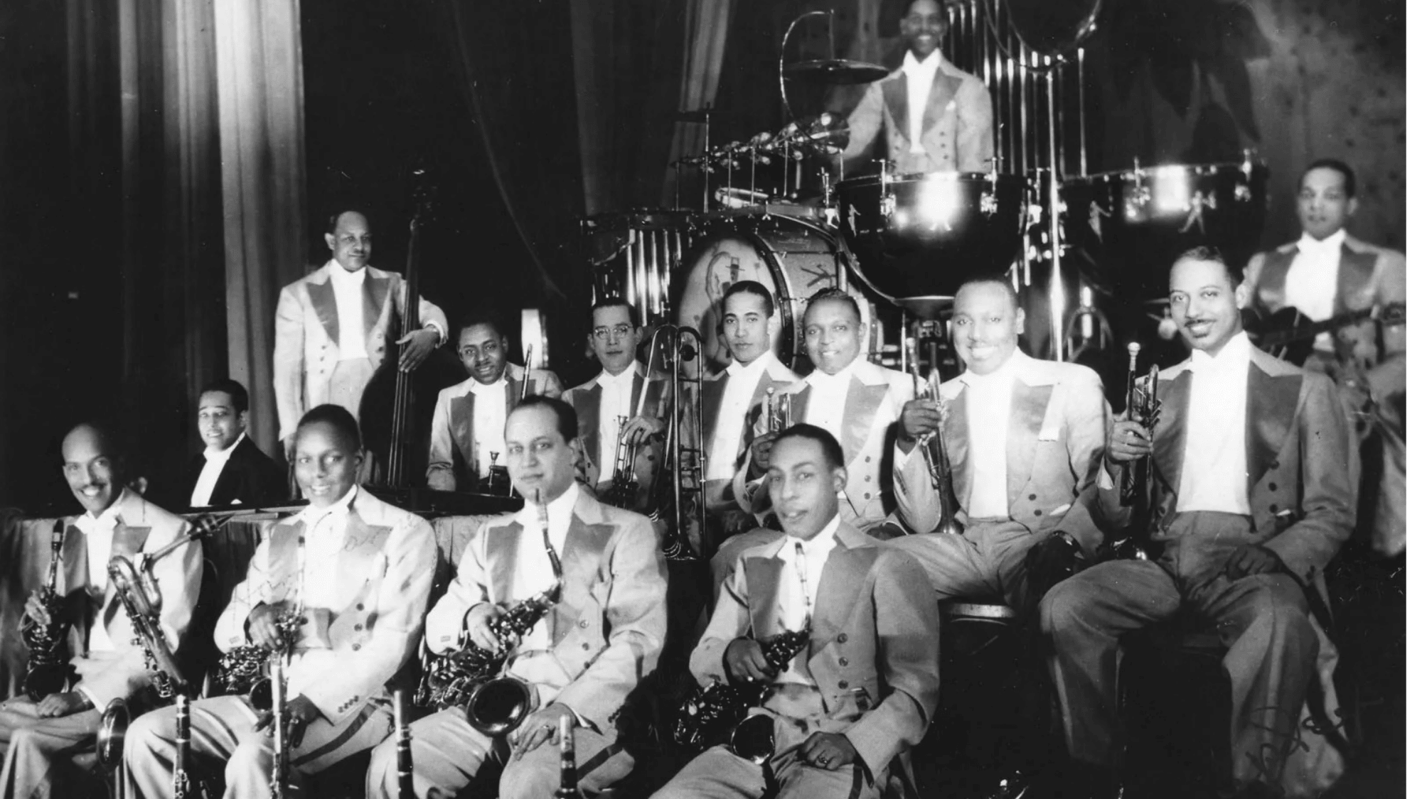 Duke Ellington Solitude 1934 era full orchestra on stage black and white vintage archival photograph