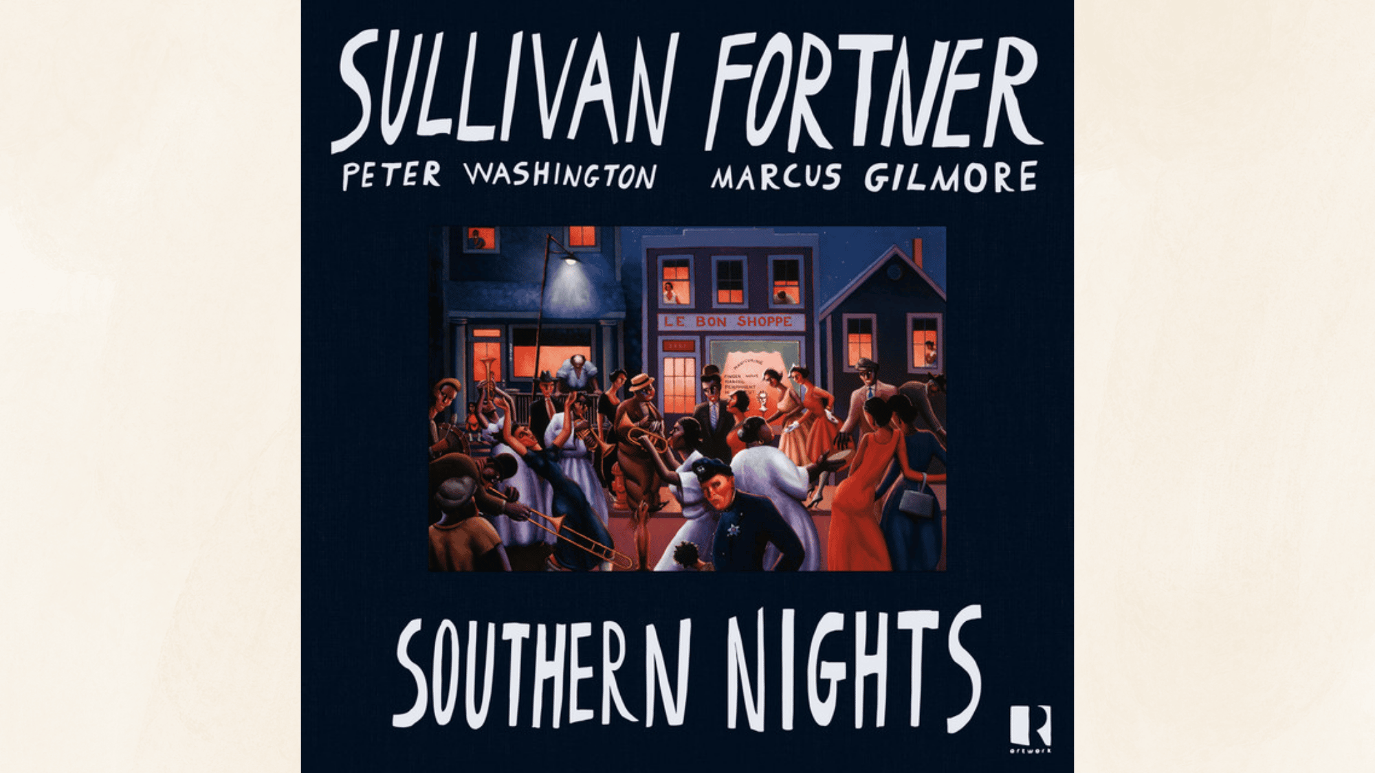 southern nights jazz album cover featuring lively nighttime street scene with dancers and musicians outdoors