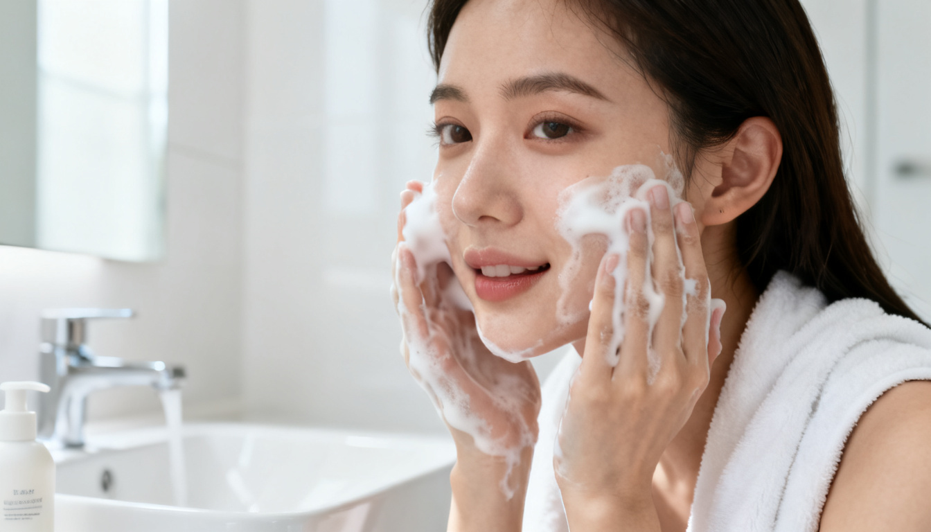 closeup of a young woman gently washing her face