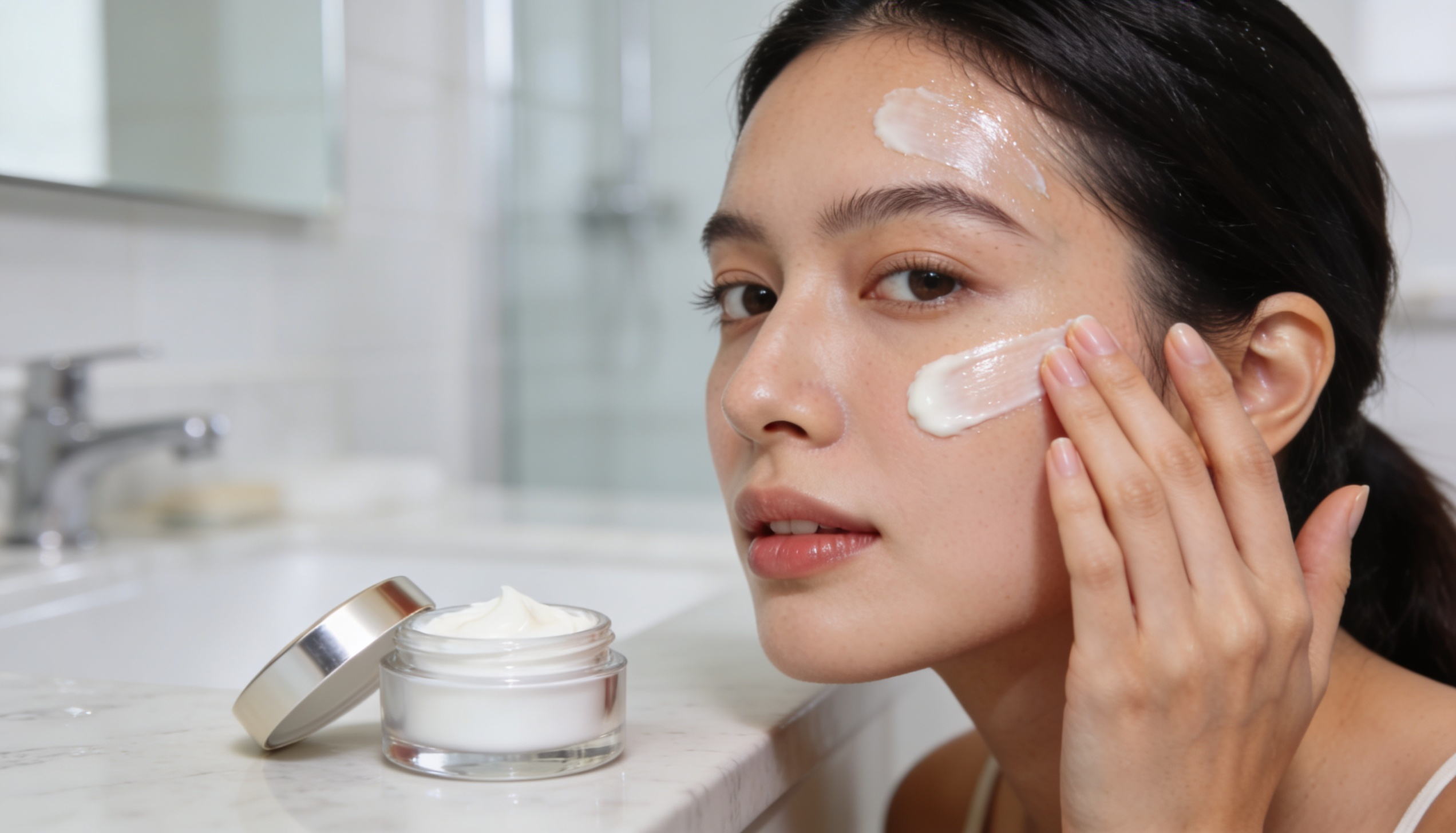 closeup of a woman applying moisturizer evenly across her cheeks