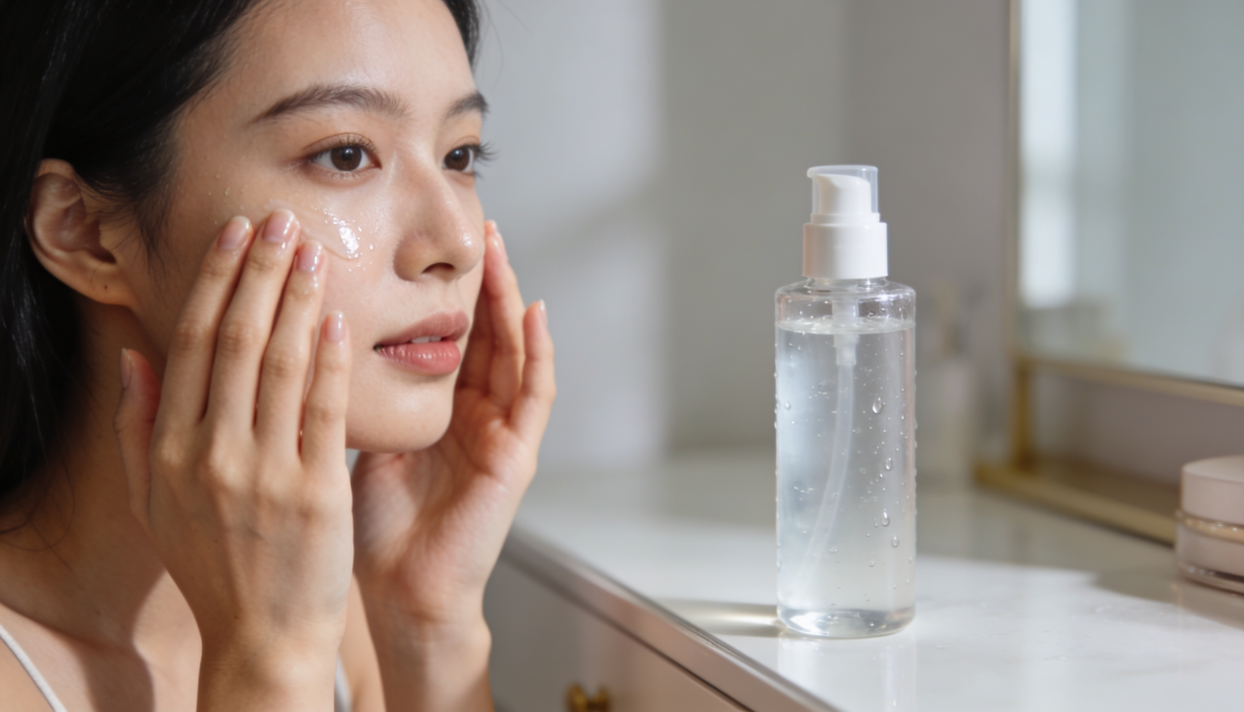 young woman patting hydrating toner or essence onto her face