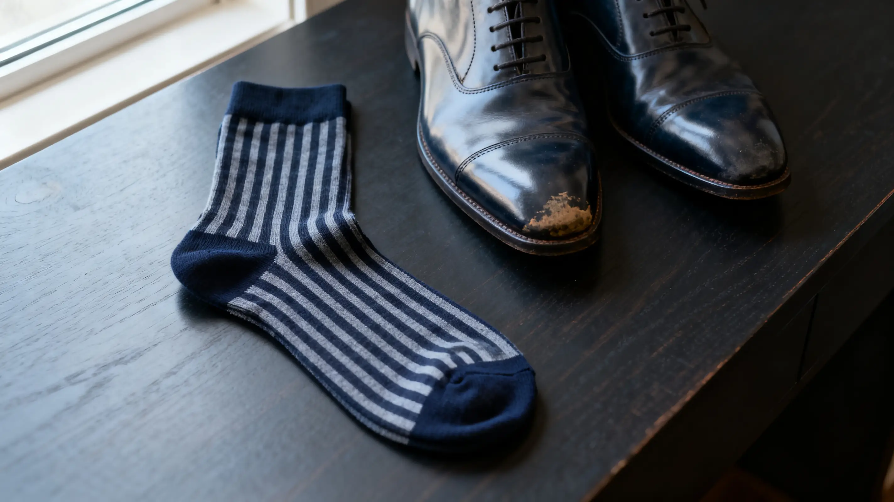 Shiny leather dress shoes and striped socks on dark wooden surface near window