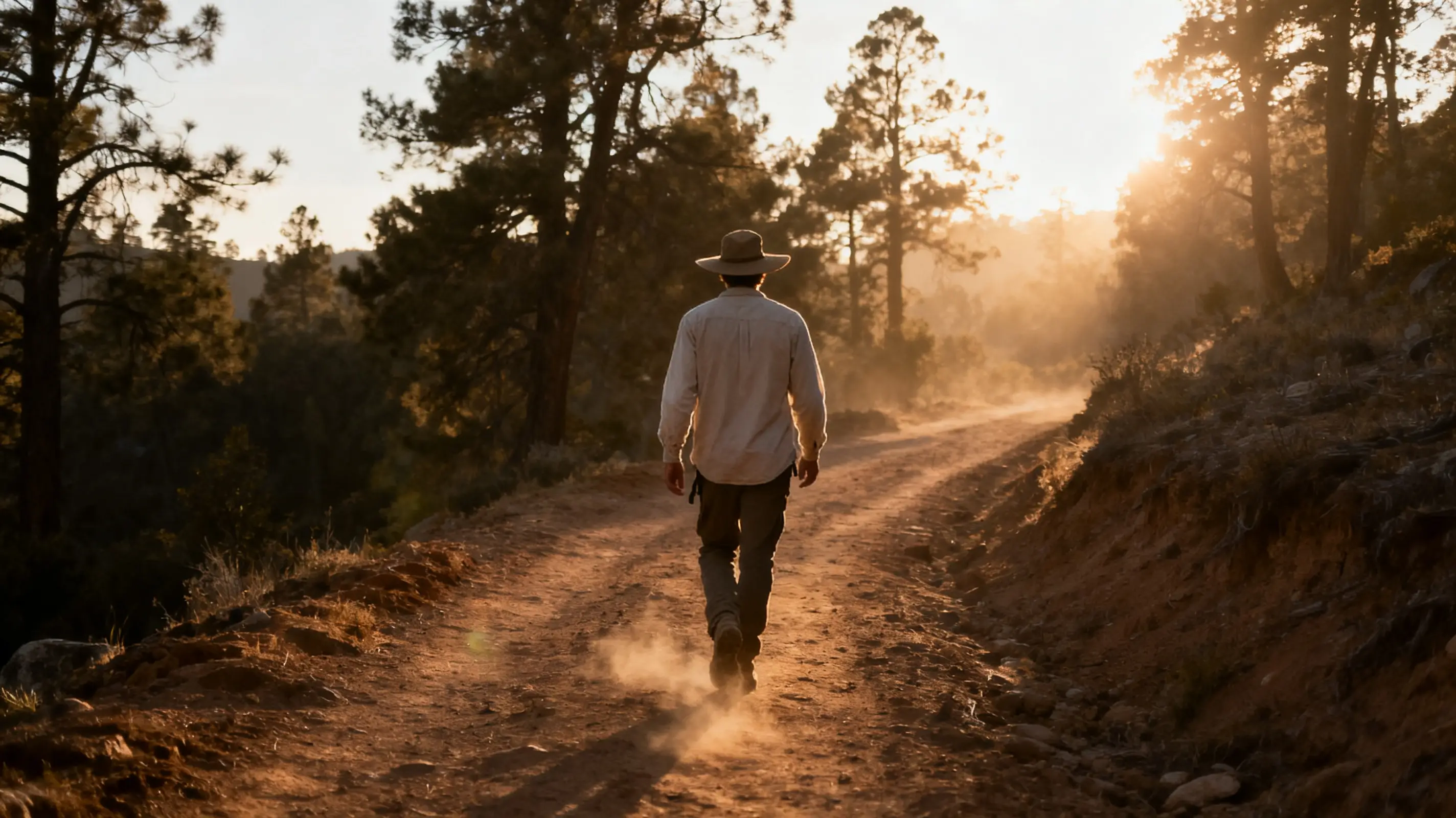 Man walking on dusty forest path at sunset with sun rays filtering through trees