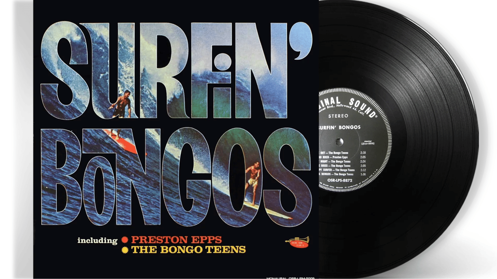 surfin' bongos vintage vinyl album cover with surf-themed artwork and original record partially displayed beside sleeve