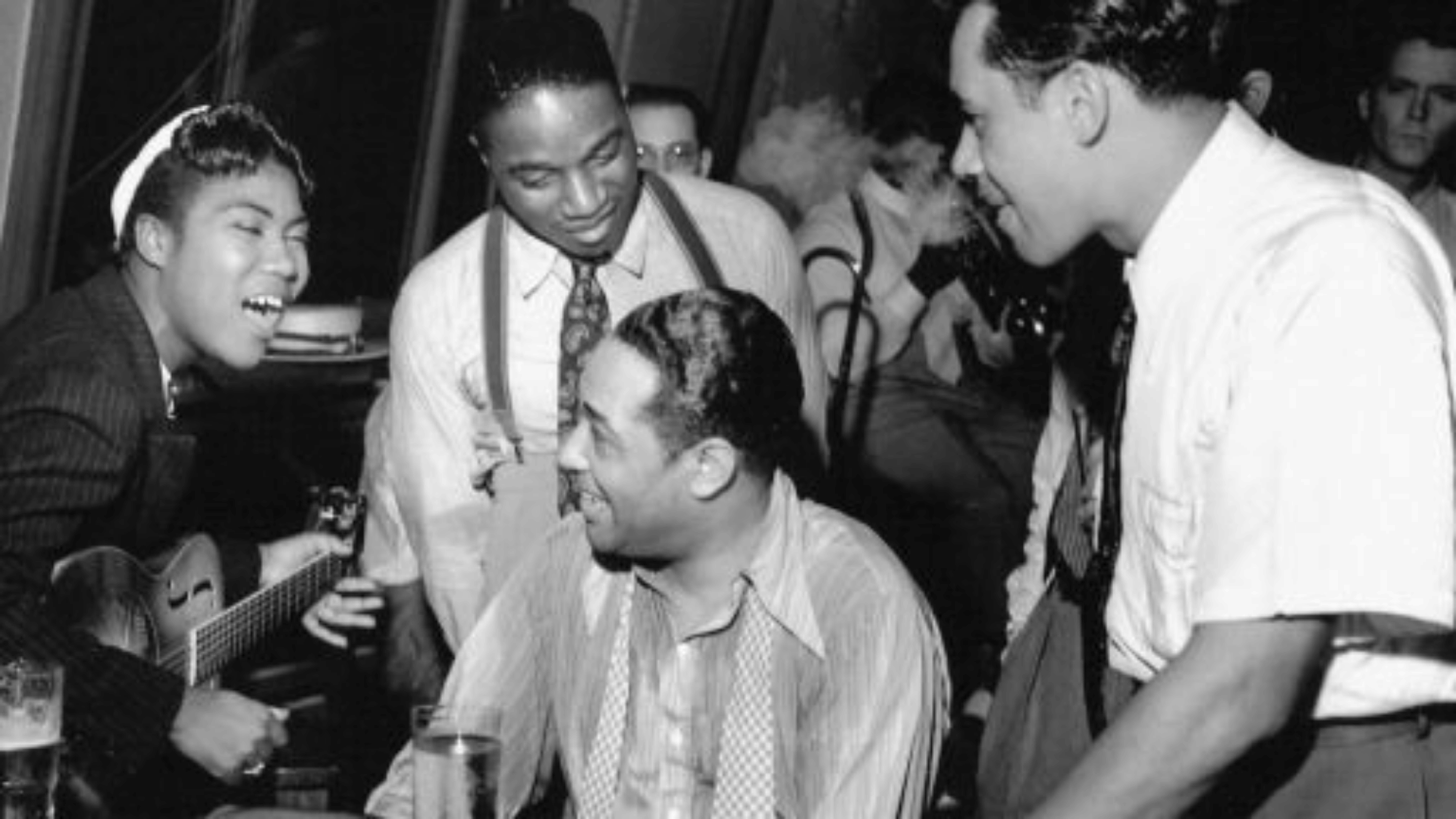 Duke Ellington Take the A Train era candid black and white photo with jazz band members backstage