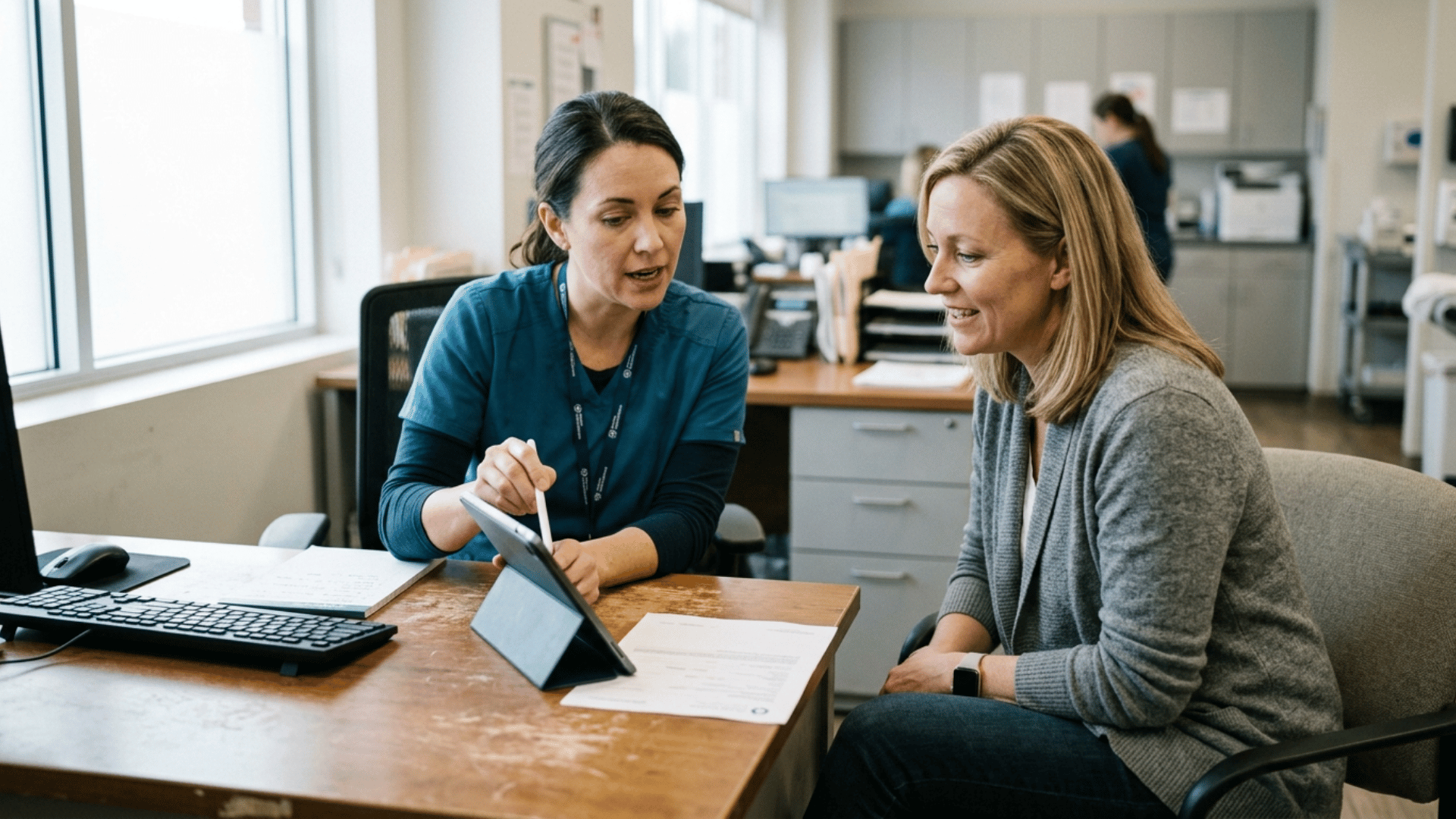 technician and woman talking during a consultation