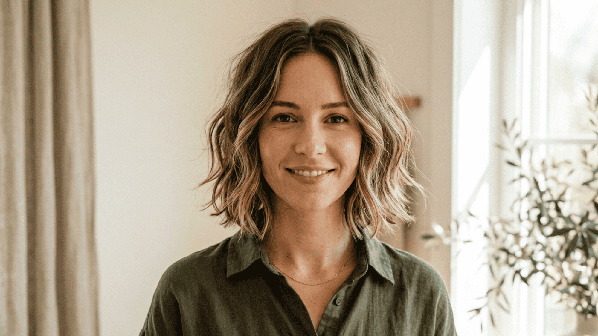 Woman with oblong face showing textured wavy bob with volume on warm indoor background