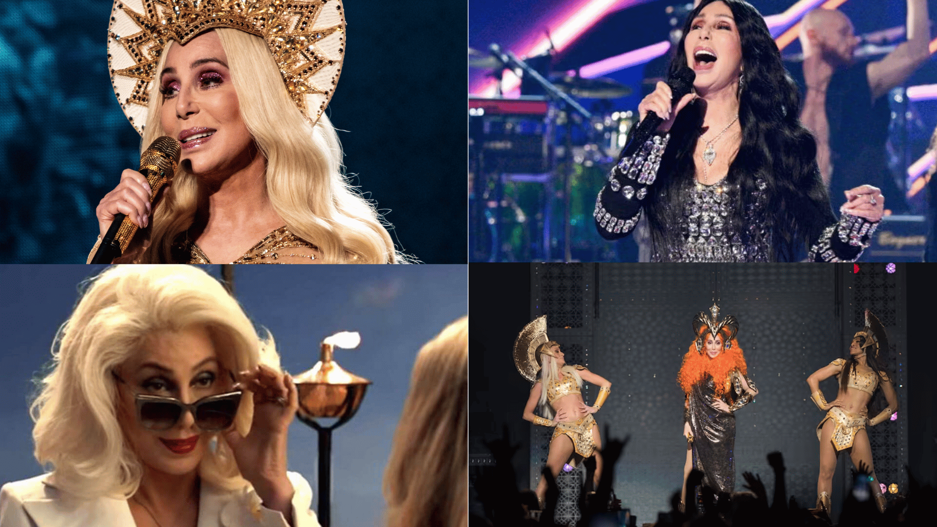 cher performing on stage in iconic costumes during live concerts, showcasing her legendary music career and fame