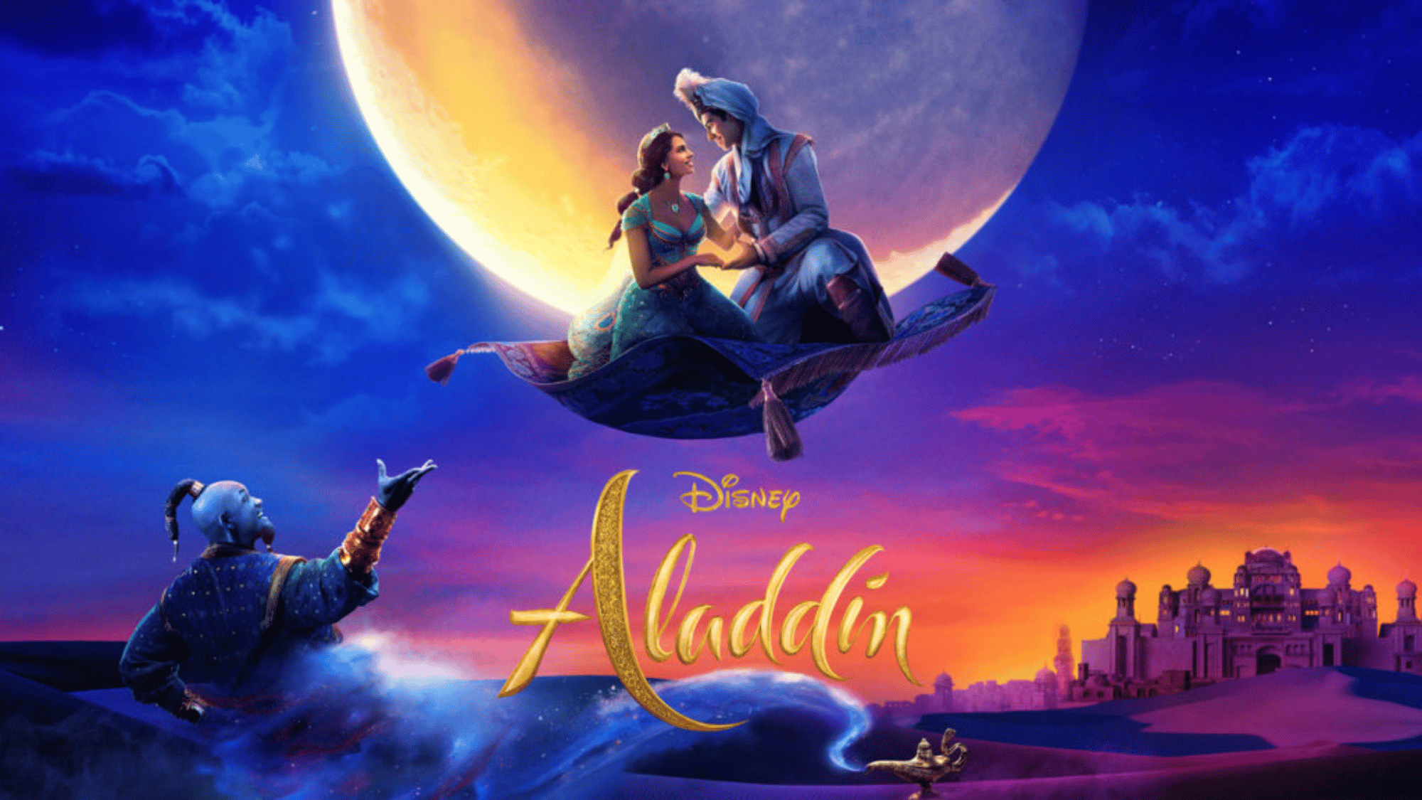 Romantic fantasy poster showing couple flying on magic carpet beneath giant moon, magical Genie, palace skyline, and colorful sunset sky.