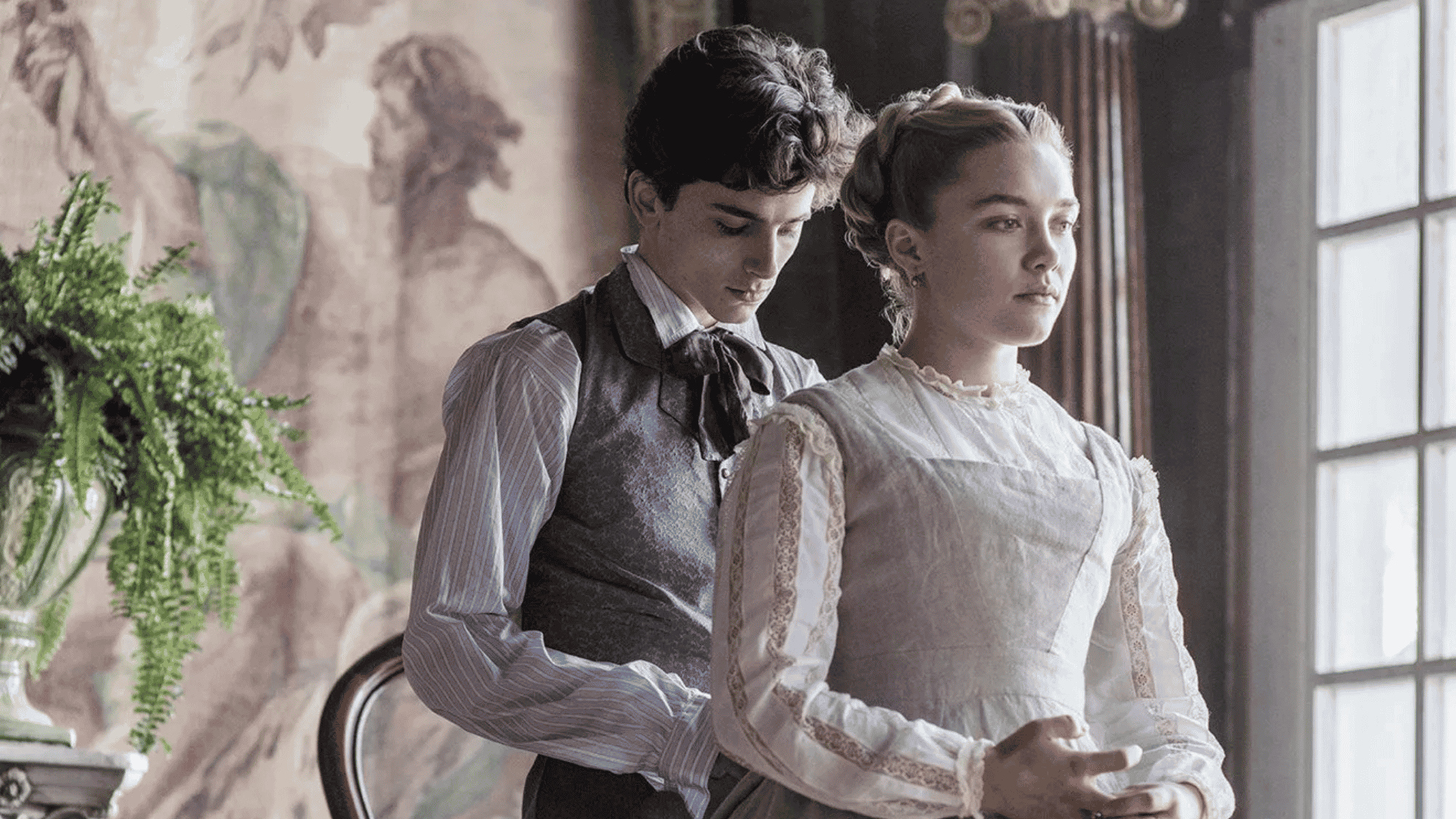 Timothée Chalamet as Laurie and Florence Pugh as Amy March in Little Women
