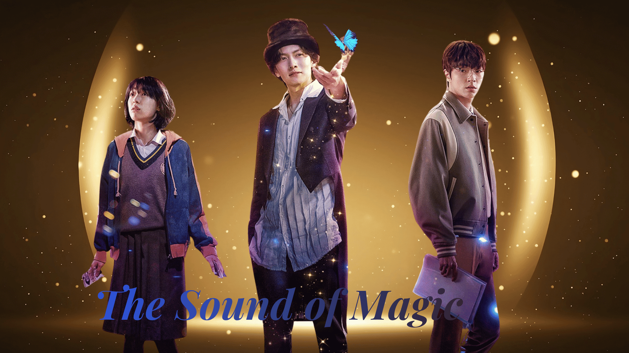 Main cast of the K-drama The Sound of Magic posing against a glowing background.