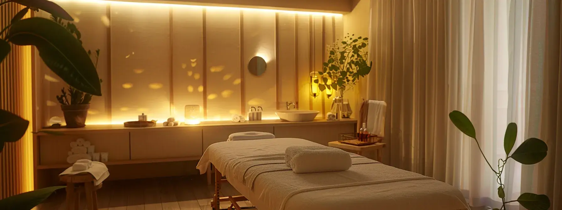 Massage table in serene spa room with warm lighting and indoor plants