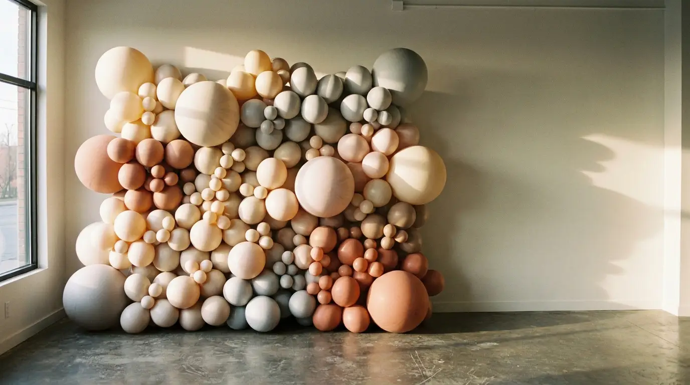 Cluster of pastel balloons on wall in sunlit gallery space