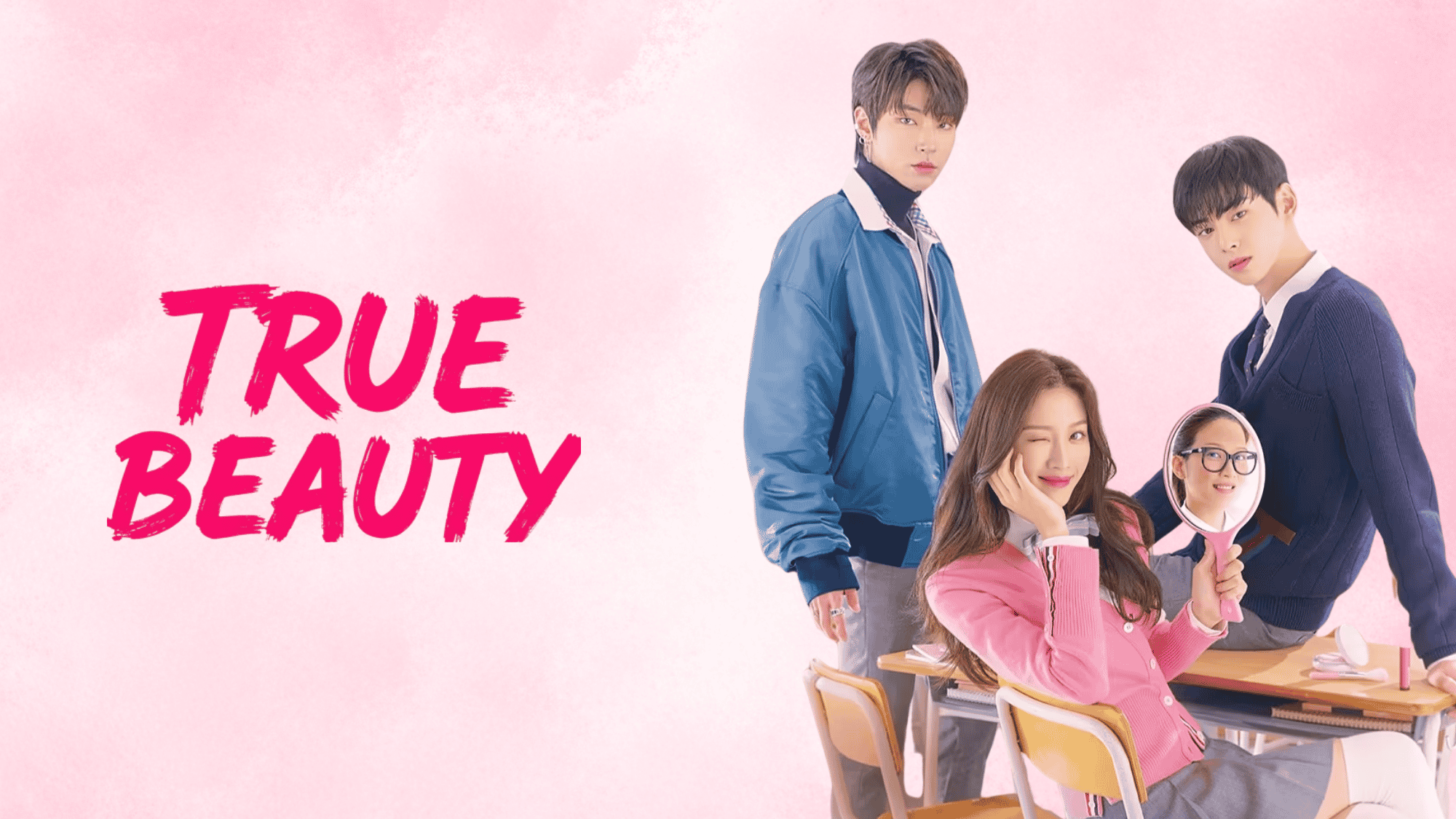 Hwang In-yeop and the True Beauty main cast posing against a pink background.