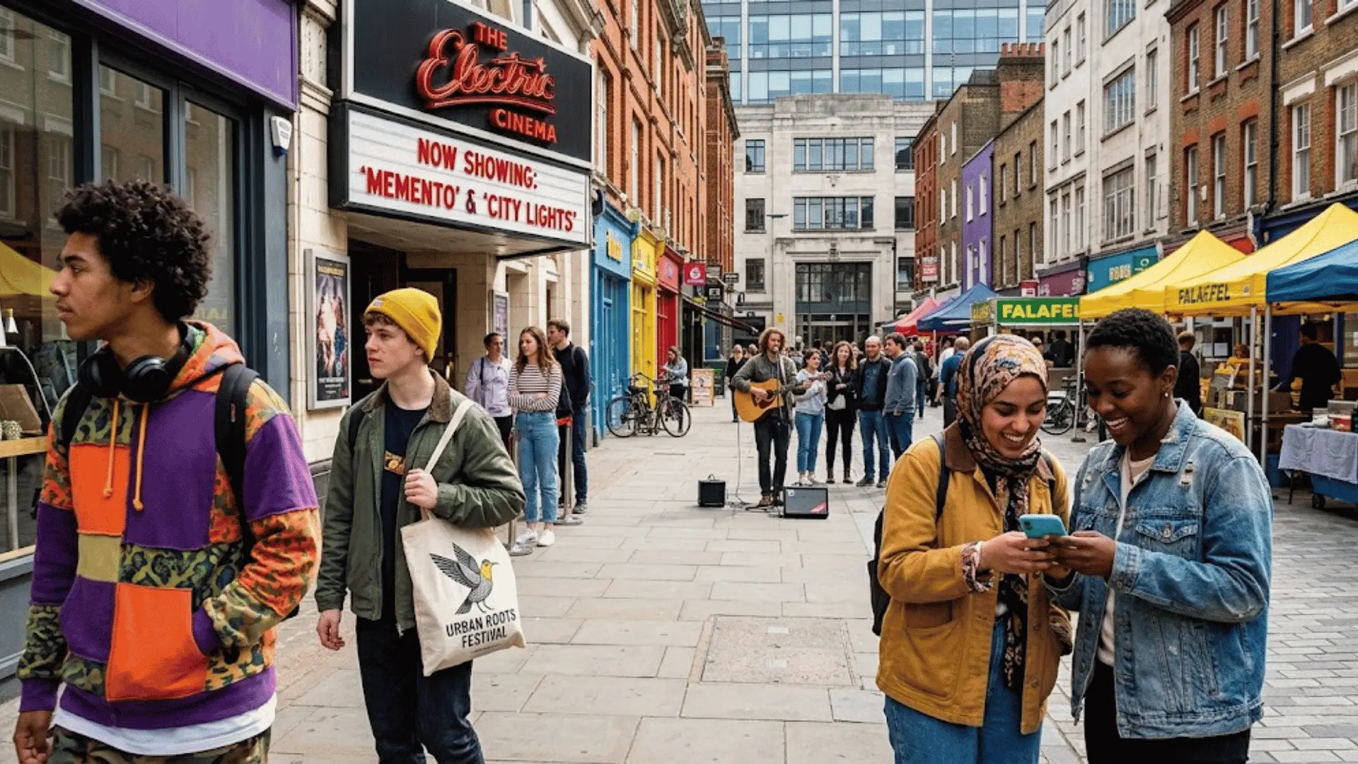 vibrant city square with diverse crowd of young people in streetwear, busker performing, and colorful storefronts in background