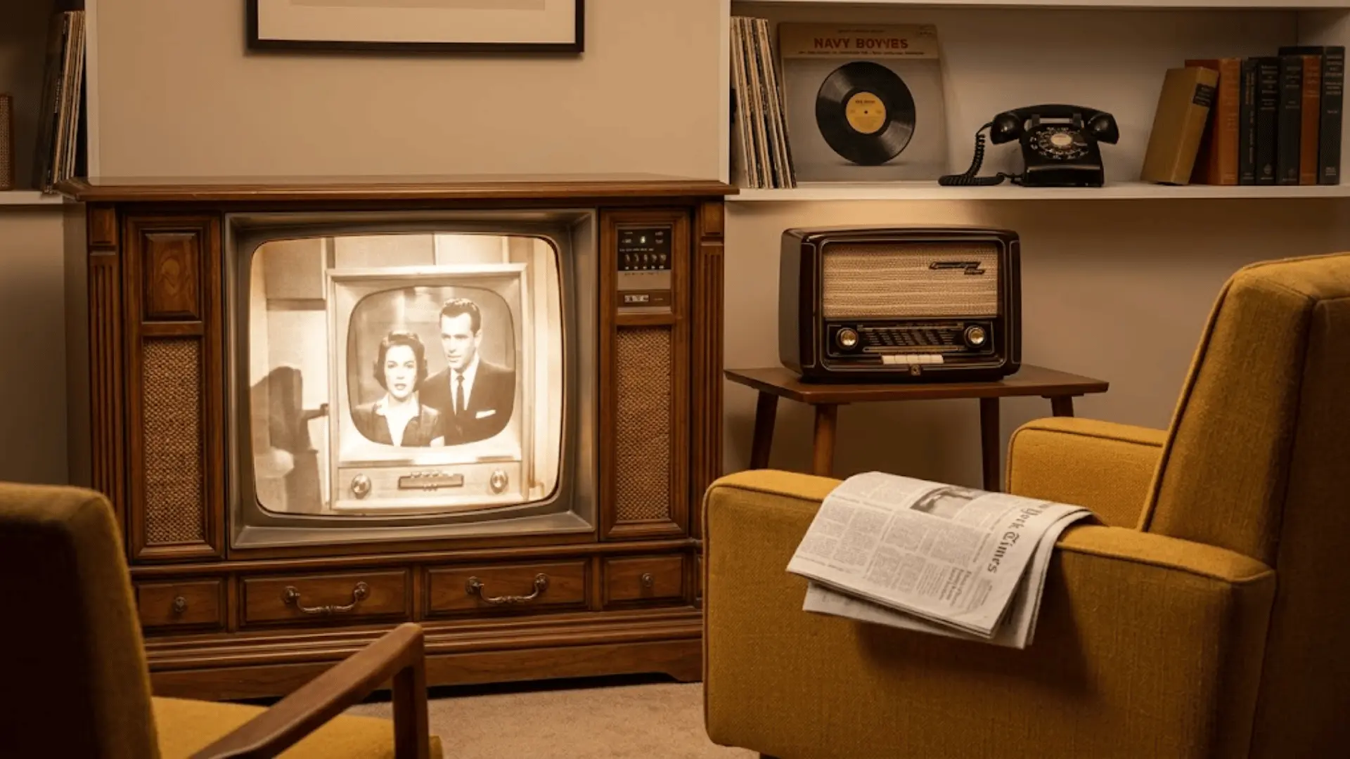 vintage 1950s living room with console television, tabletop radio, vinyl records, and mustard armchair in warm tungsten light