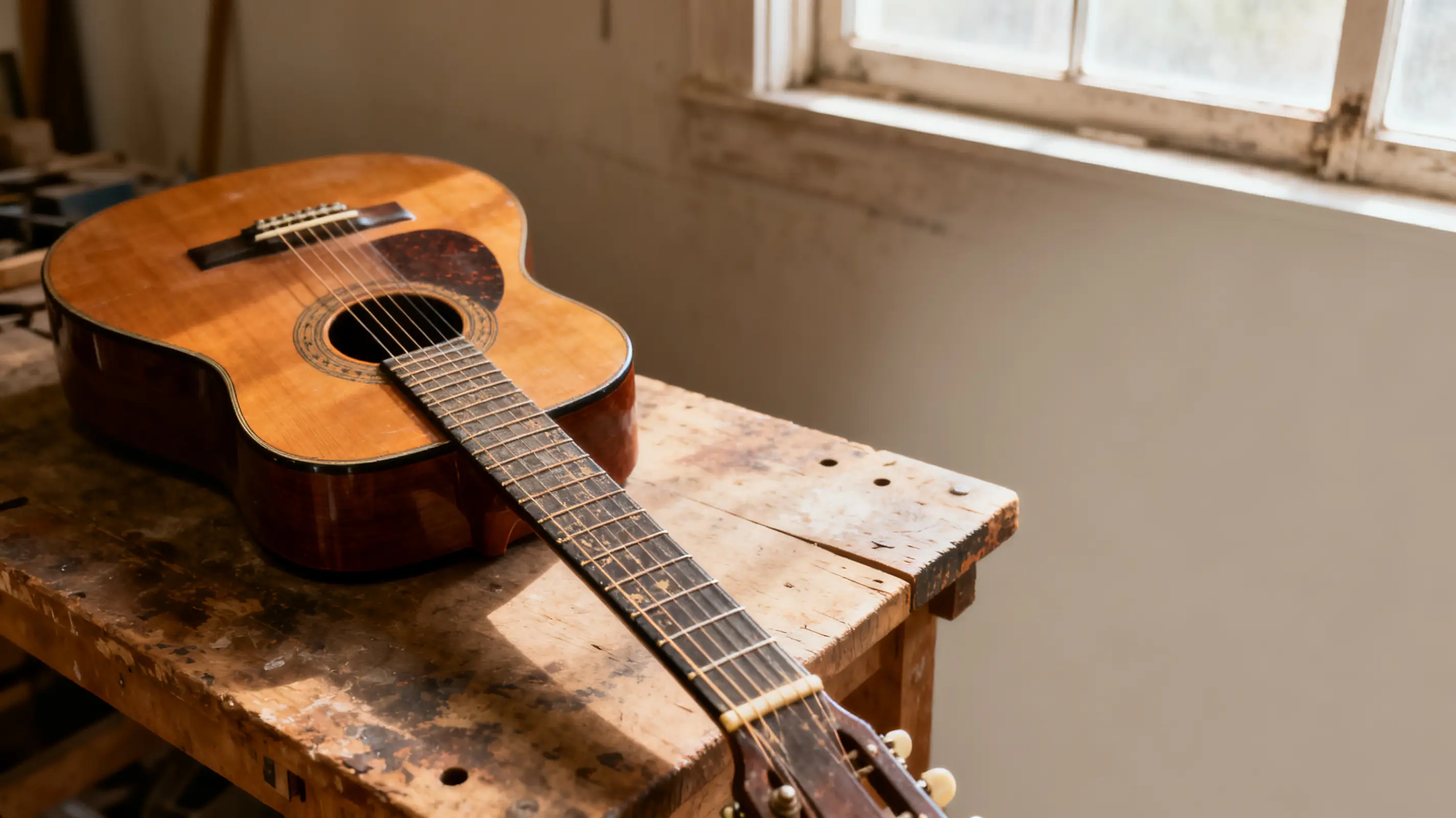 Acoustic guitar resting on a worn wooden workbench in softly lit room