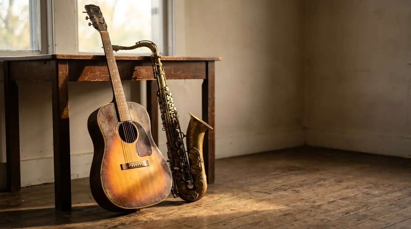 Rustic acoustic guitar and brass saxophone leaning against wooden table in dimly lit room