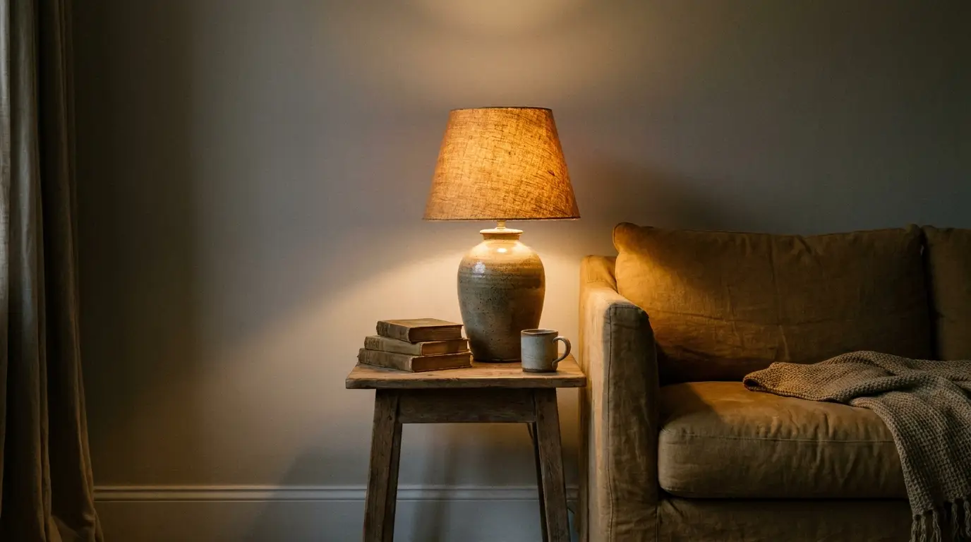 Cozy living room scene with warm lamp on wooden table beside brown sofa