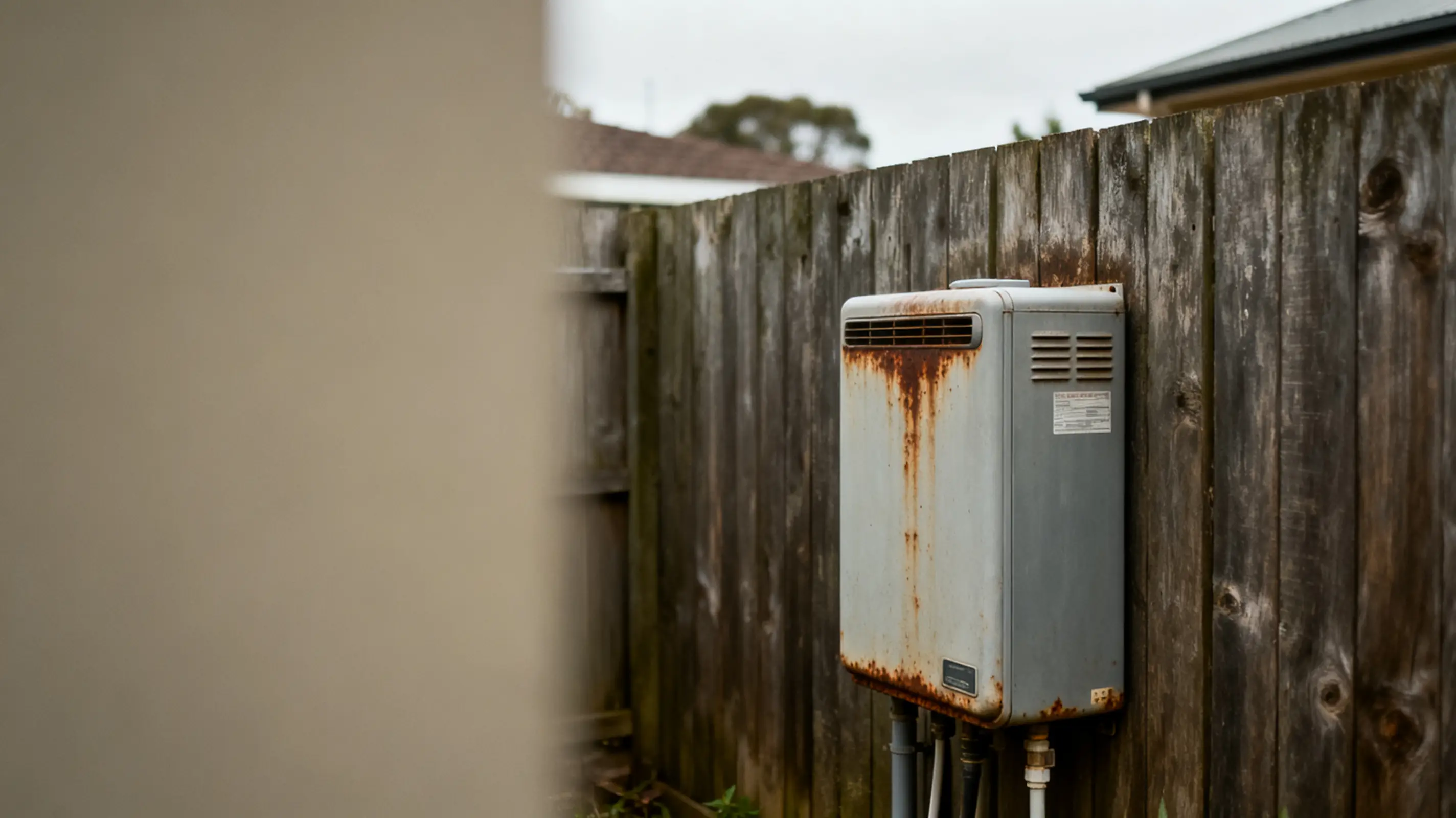 Rusted outdoor water heater mounted on wooden fence in a backyard setting