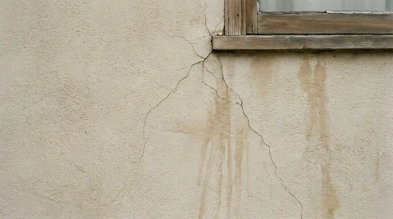 Cracked and stained exterior beige wall with wooden window frame