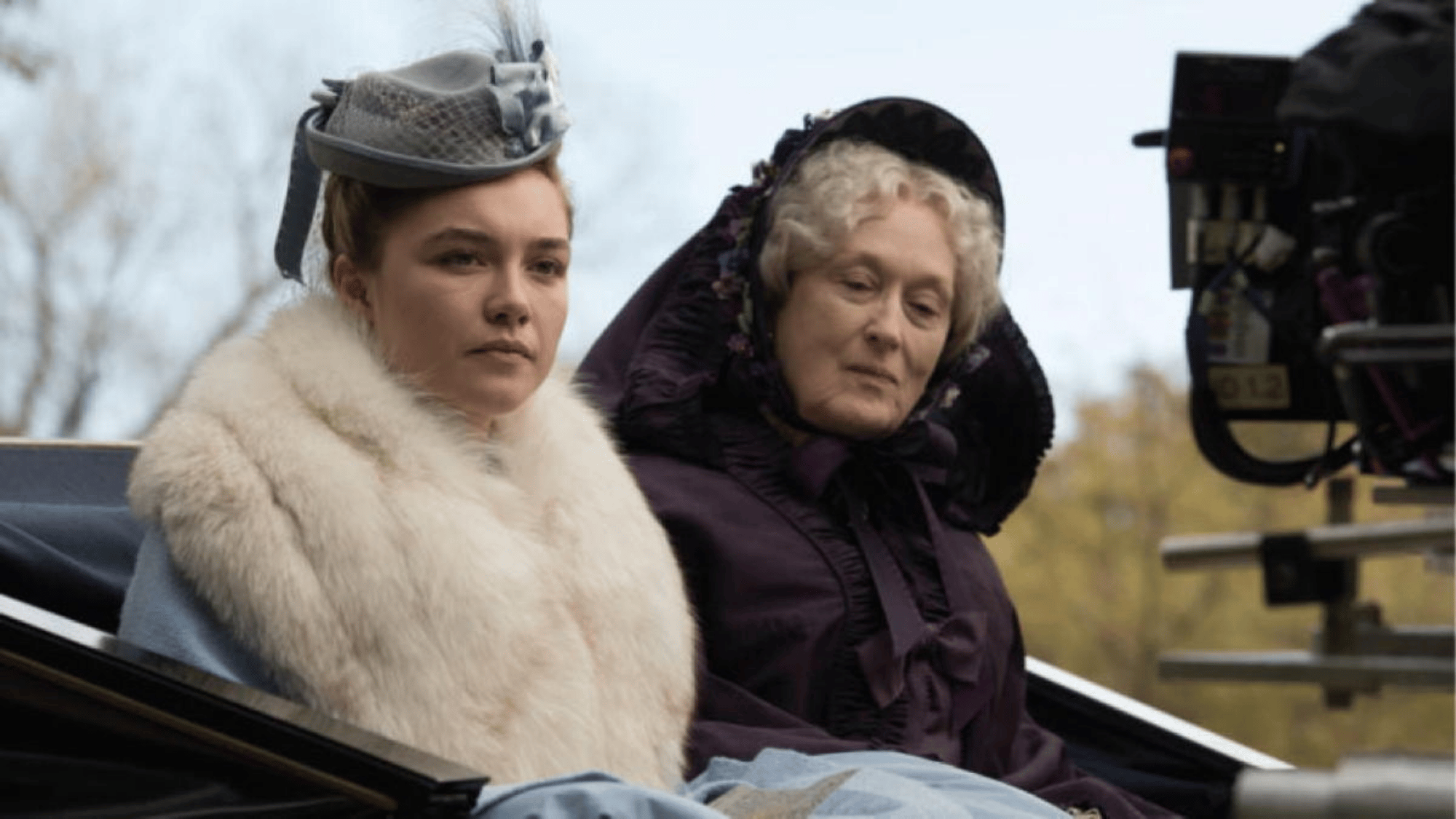 Florence Pugh and Meryl Streep filming a carriage scene in Little Women