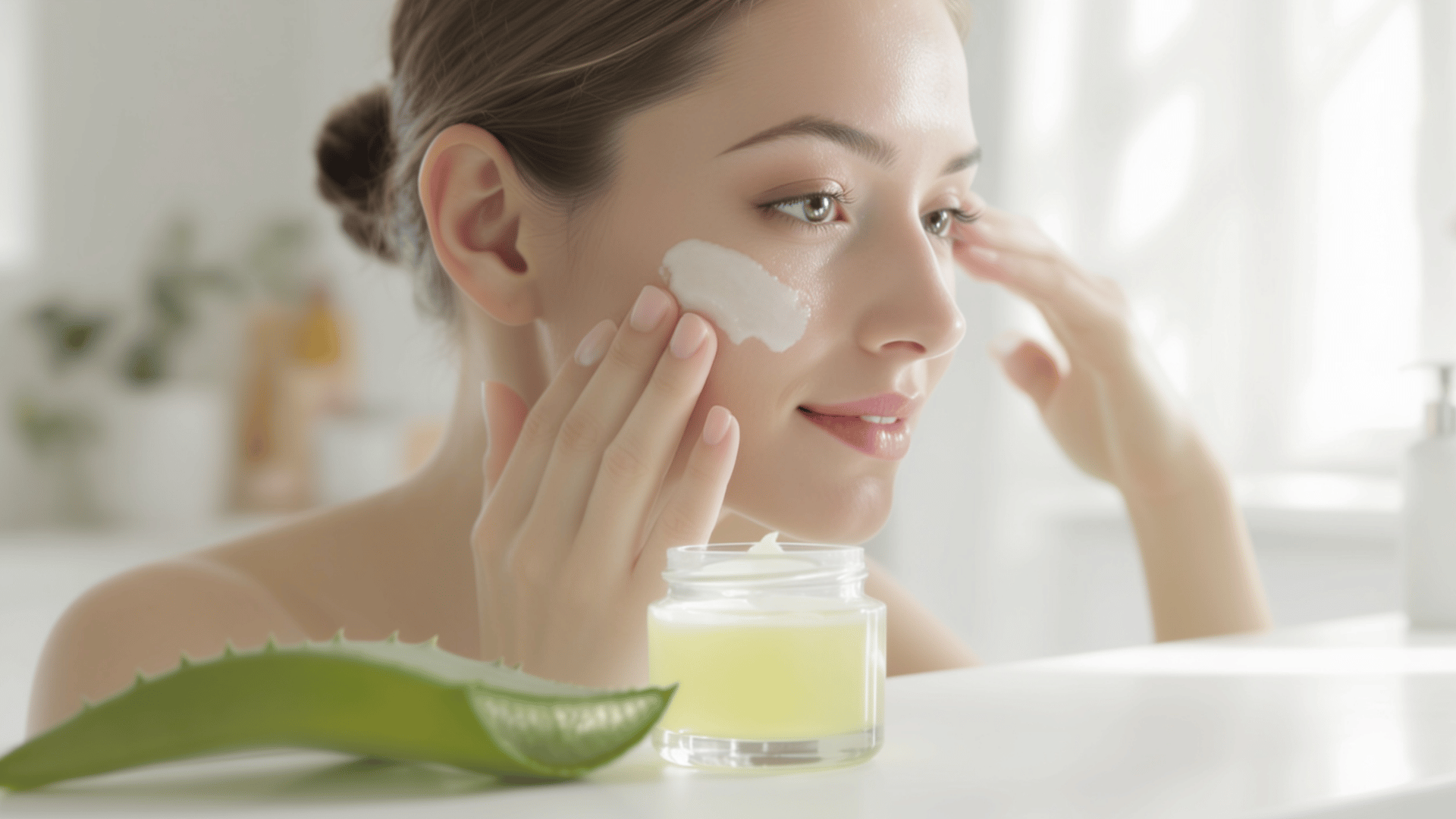 woman applies cream to their face with a jar of cream and an aloe vera leaf in the foreground