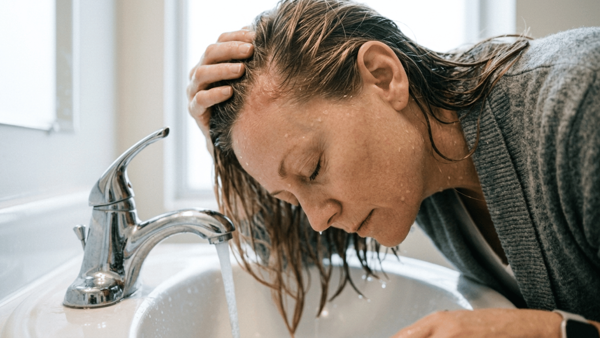 woman gently rinsing her treated scalp at a sink